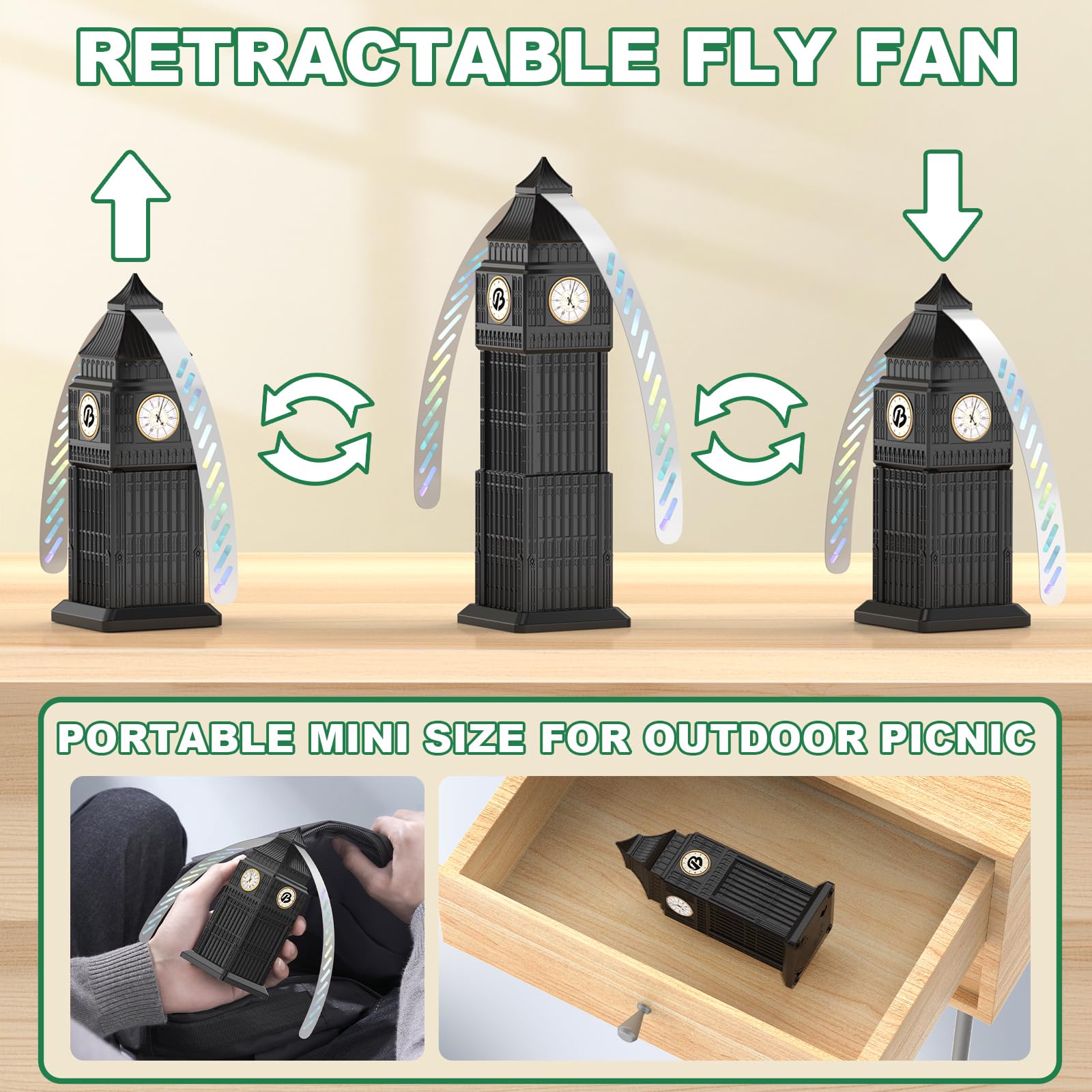TMACTIME Repellente Per Mosche 2 In 1 | Ventilatore Portatile Pieghevole Con Interruttore USB | Ricaricabile O A Batteria | Per Esterno, Picnic, Tavolo