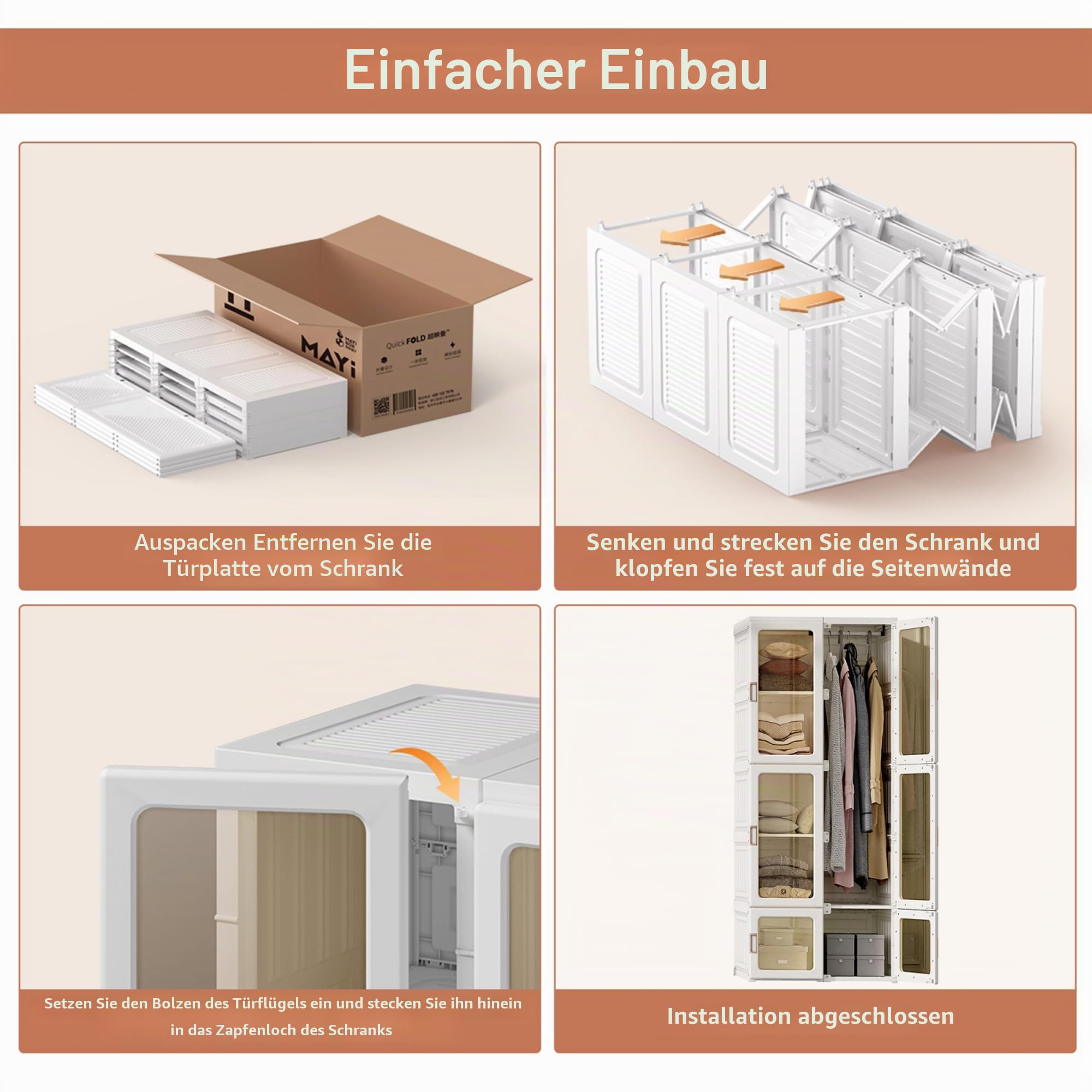 Faltbarer Schlafzimmerschrank, Klappschränke aus Kunststoff, mit 10 Fächern, Modularschrank mit 6 Türen, Schlafzimmerschrank für Kleidung, Outdoor, Einzelschrank (170 x 69 x 50 cm)