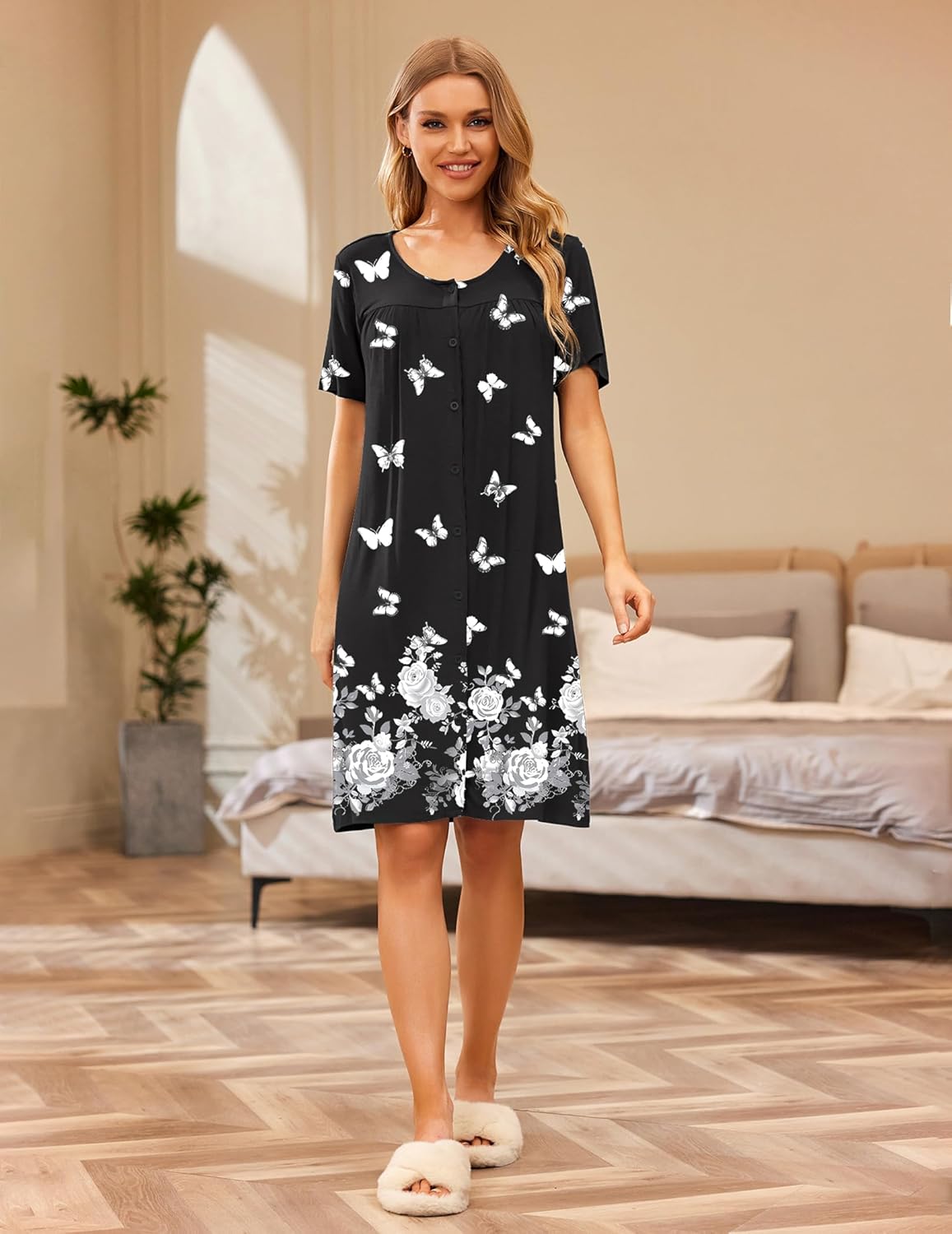 Ekouaer House Dresses for Women Button Down Nightgowns Short Sleeve Pleated Snap Front Mumu Dress S-2XL - Image 6