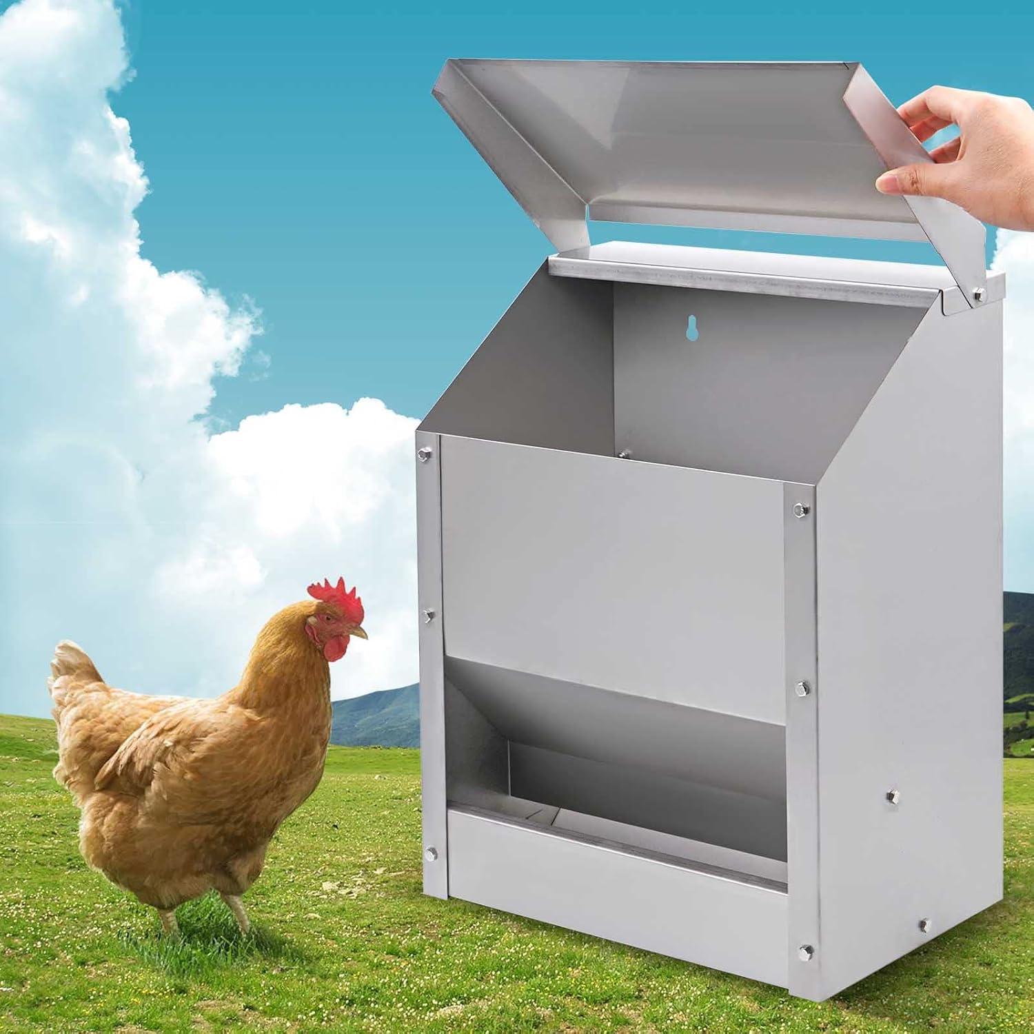 Stainless Steel Hanging Chicken Feeder with Lid No Waste Weatherproof Metal Automatic Poultry Feeder Wall Mount Outdoor Chicken Coop Food Dispenser Feeder for Chickens Ducks (25Lbs)