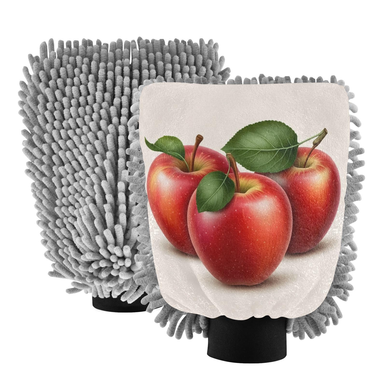 Kigai Red Apples with Green Leaves Car Wash Mitt Microfiber, 2Pcs Scratch Free Lint-Free, Premium Chenille Microfiber Mitt Car Wash Brush-M