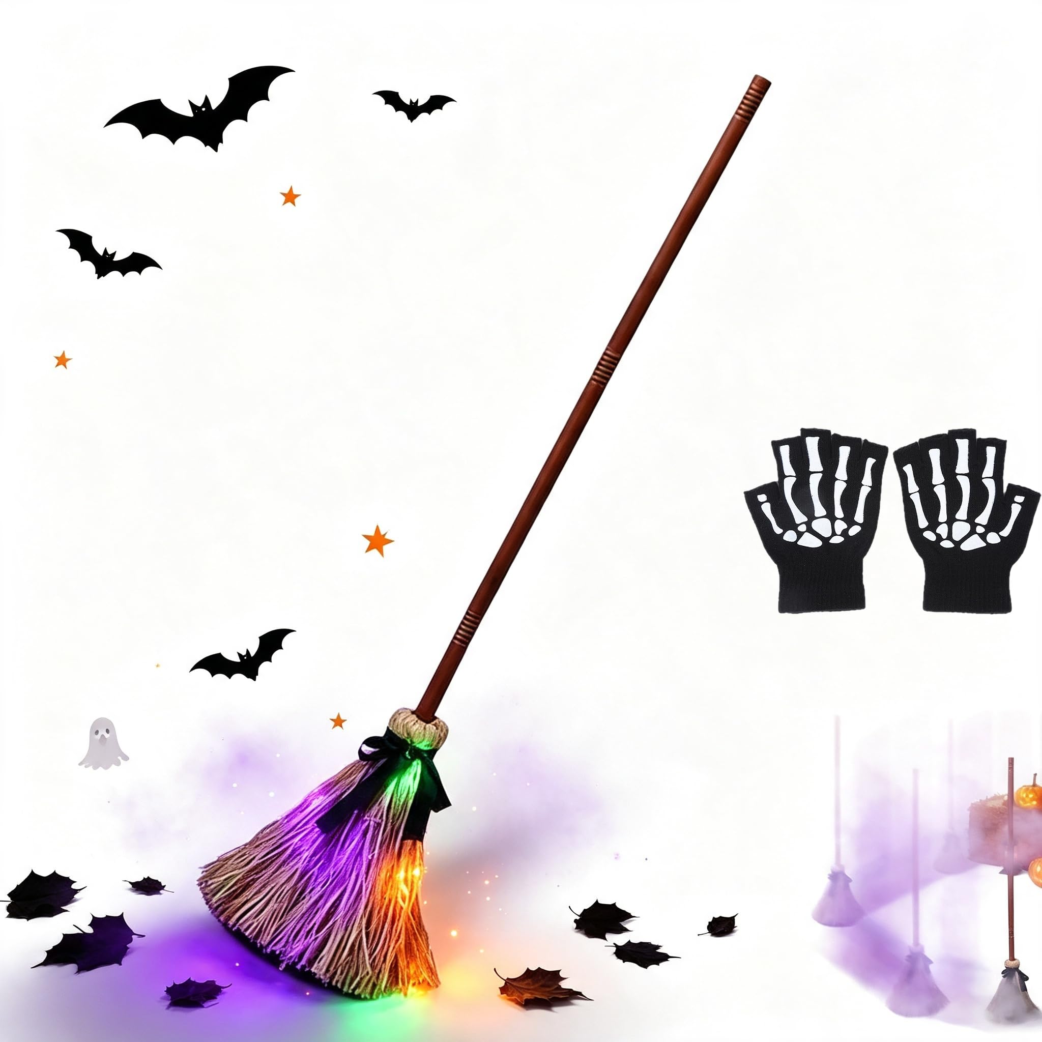 Floating Witch Broom, Animated Dancing Witch Broomstick with Motion Sensor Spooky Sounds & Color Changing LED Lights, Halloween Floating Prop for Yard Porch Party Haunted House Classroom (1PC)
