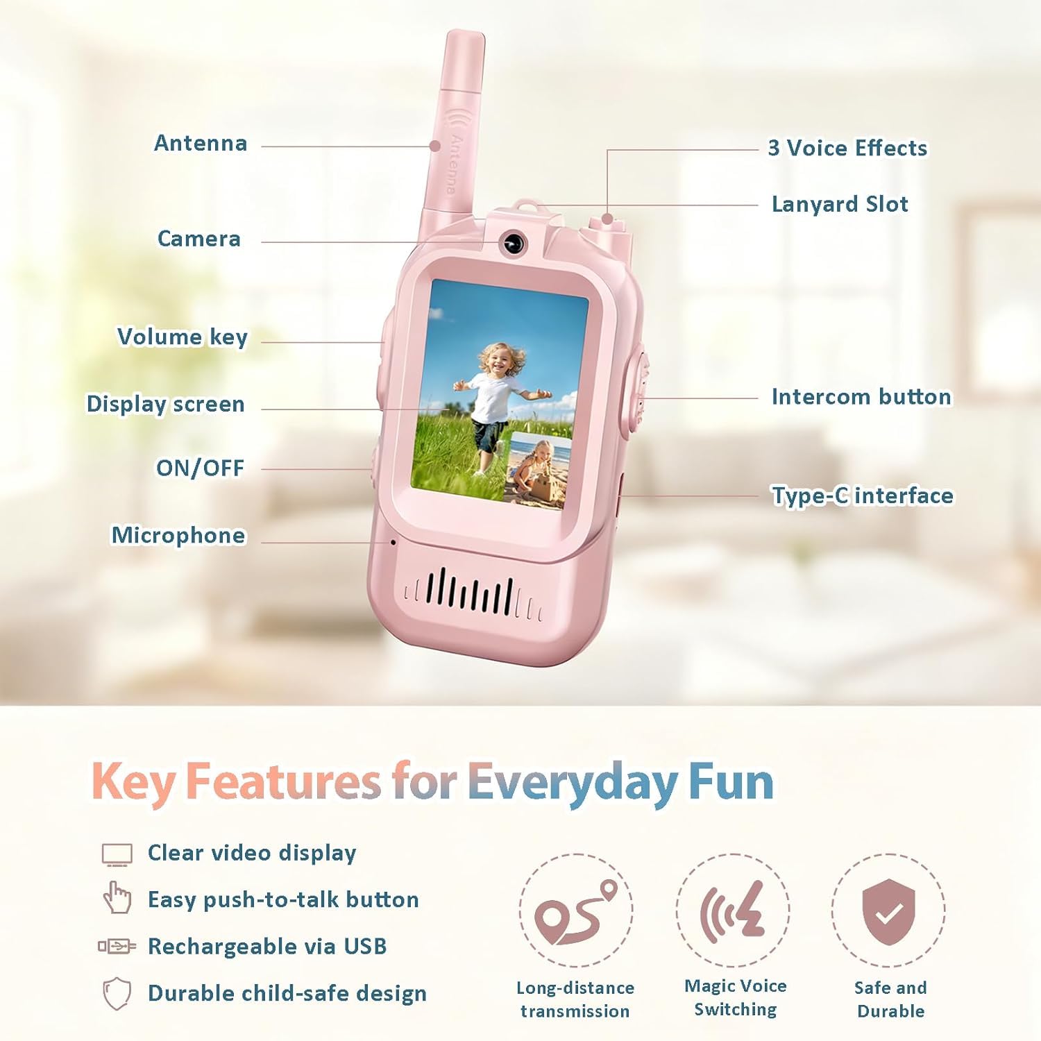 EMjollRay Talkies-walkies Vidéo Rechargeables USB-C Pour Enfants – Lot De 2, écran IPS 2 Pouces, Changeur De Voix, 300 M Portée