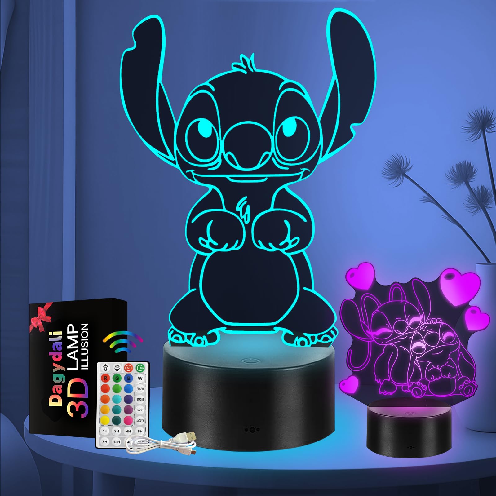 2 Stück Stitch Lampe – Stitch Geschenke für Mädchen, 3D LED Illusion 16 Farben Stitch Nachtlicht USB Smart Touch Fernbedienung Tischlampe Stitch Licht für Kinderzimmer Dekoration Urlaub Geschenke