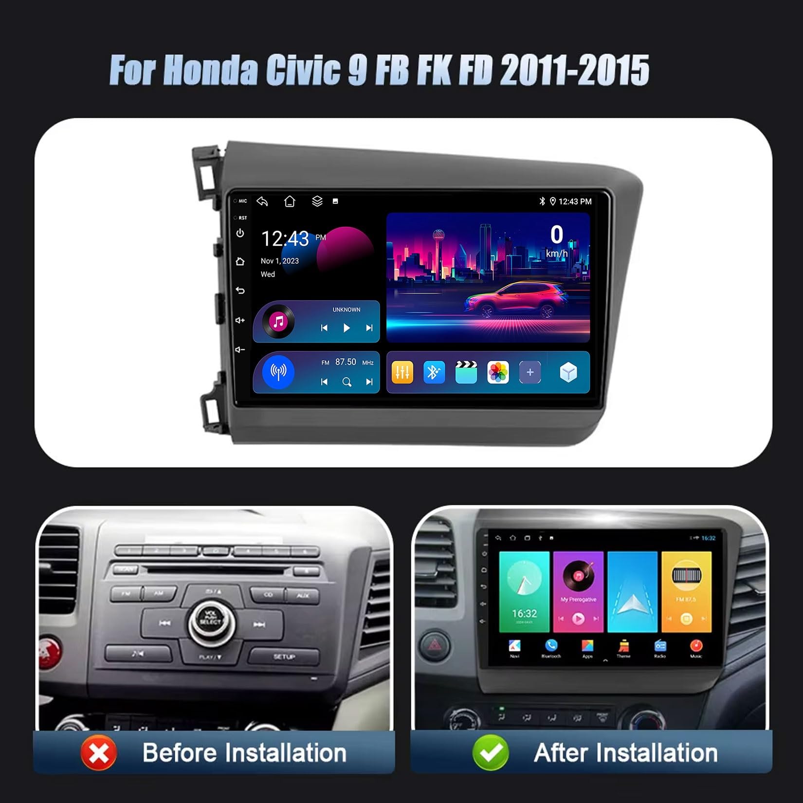 Radio samochodowe z systemem Android 2 Din do Honda Civic 9 FB FK FD 2011-2015 ekran dotykowy 9-calowy nawigacja GPS nawigacja satelitarna multimedialna odtwarzacz wideo z Bluetooth 4G WiFi FM RDS DSP