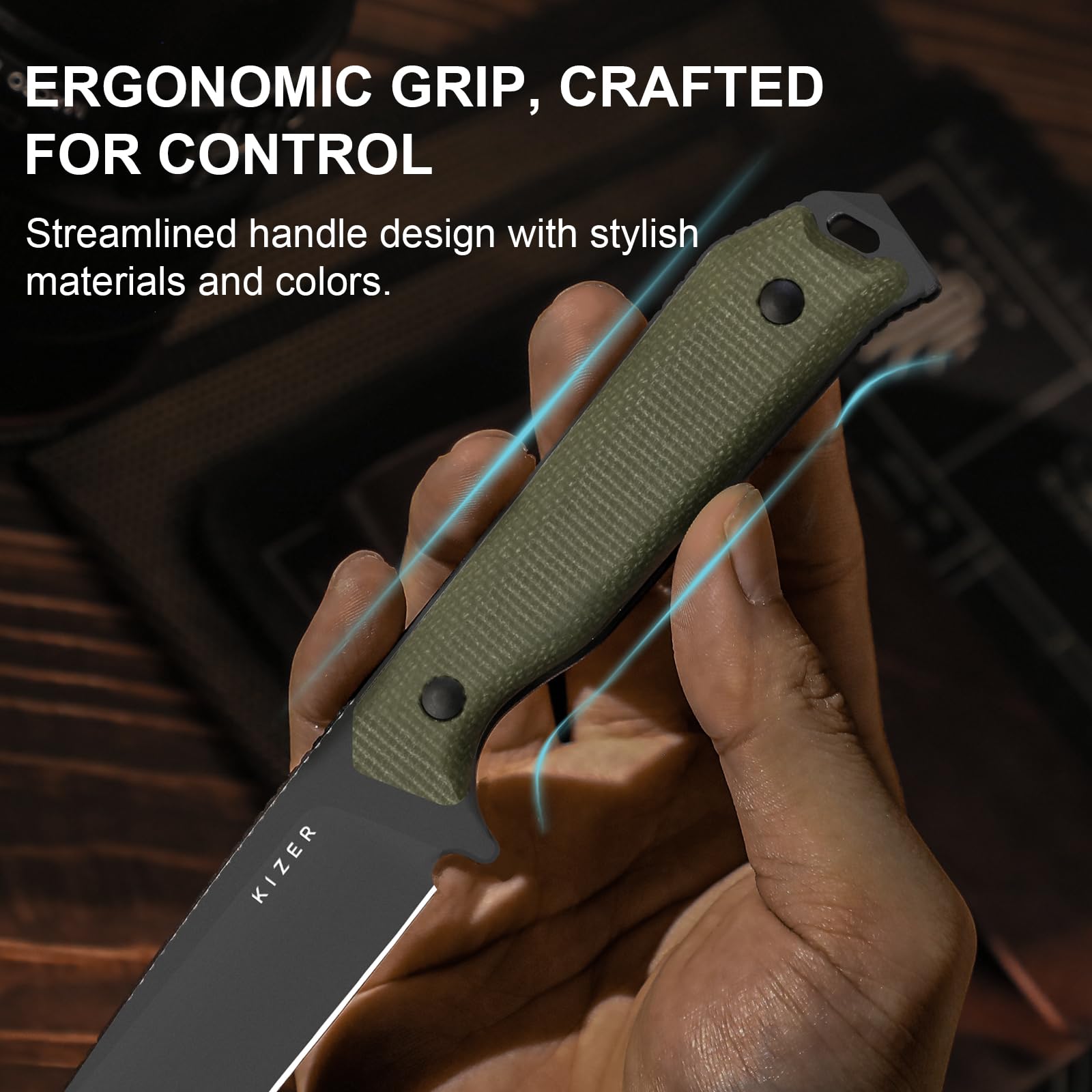 Kizer Begleiter Fix Outdoor Messer, 3,78" D2-Stahl Drop Point Klinge Jagdmesser mit Micarta Griff, Campingmesser mit Feststehender Klinge für Wanderungen Überleben, 1045MD3
