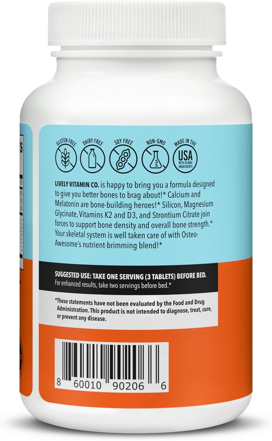 LIVELY VITAMIN CO. Osteo Awesome - Stronger Bones, Joints & Teeth - Better Bone Density - Calcium, D3, Magnesium, Boron, Silicon, Strontium, Vitamin K2, Melatonin - 90 Vegetable Capsules