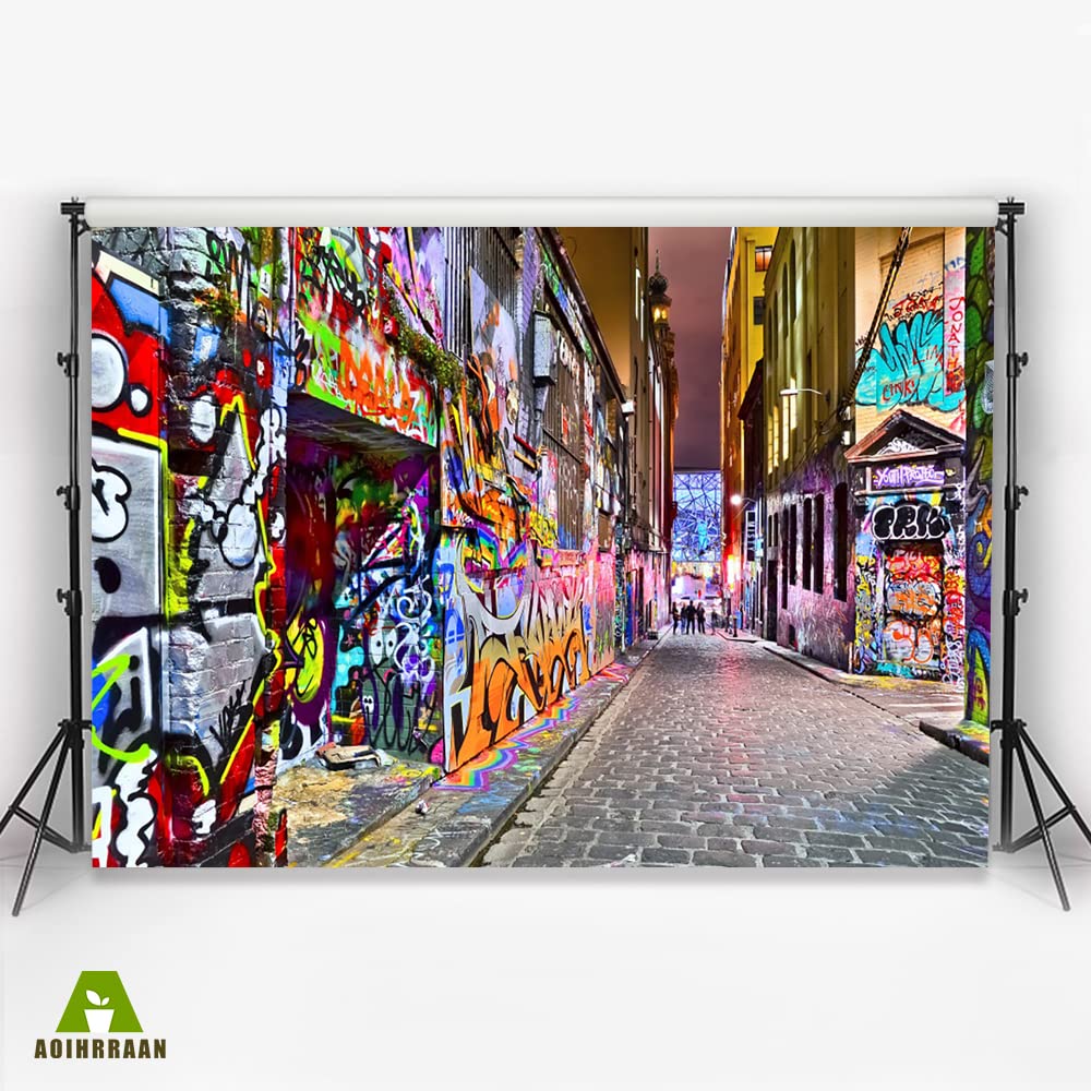 Aoihrraan 3 x 2,5 m miejska ulica graffiti ściana tło retro kreskówka lata 80-te lata 80-te moda hip-hop styl ścieżka fotografia tło muzyka punk przyjęcie urodzinowe dzieci dzieci dzieci dorośli portret studio fotograficzne rekwizyty