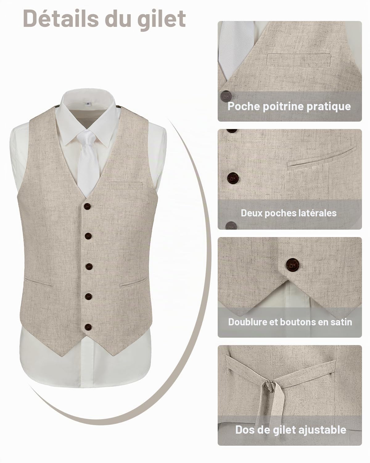 Costume 2 pièces en lin pour homme avec gilets courts et gilets pour homme - Tenue décontractée pour l'été, la plage, les garçons d'honneur, le mariage