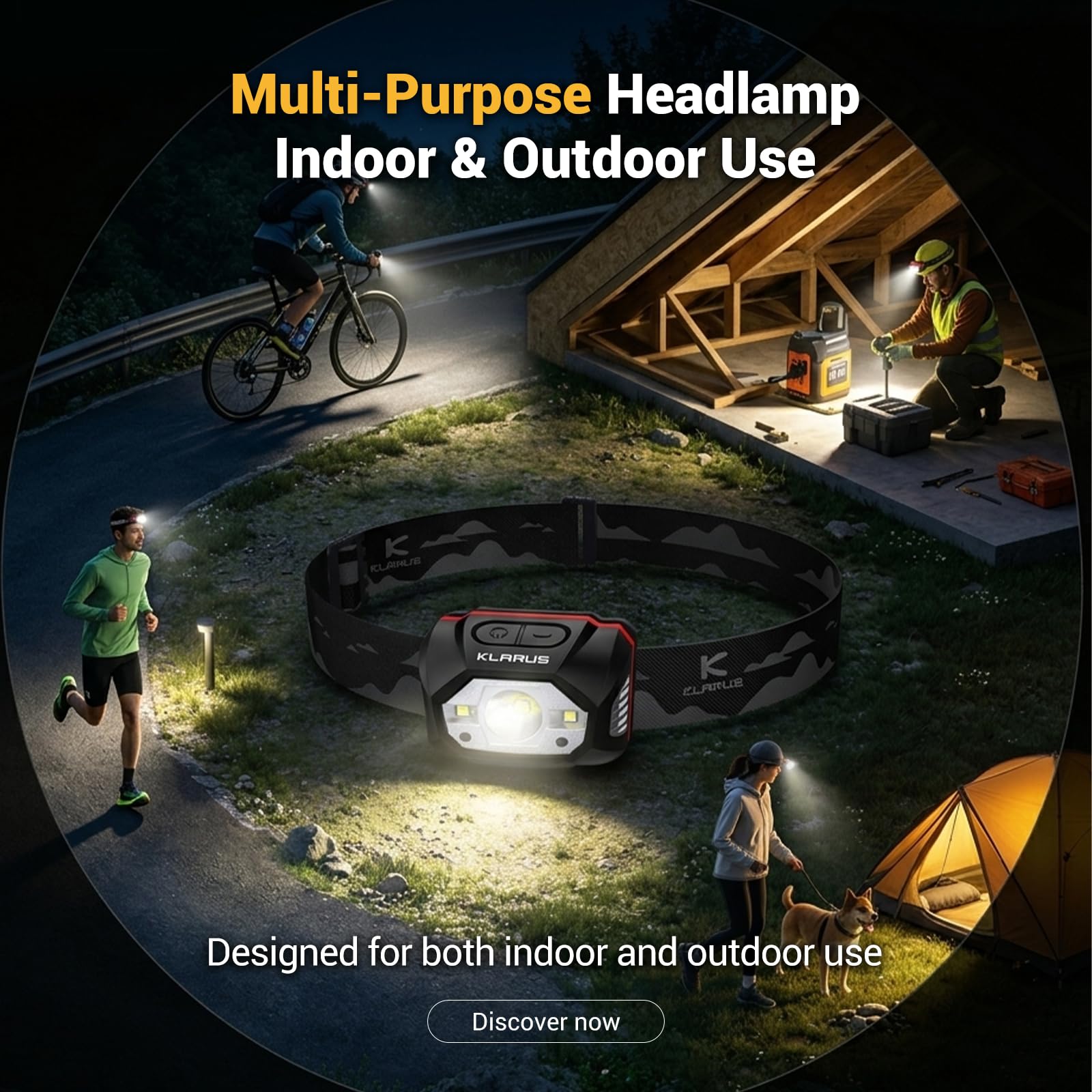 klarus HM1 Lampe Frontale USB C Rechargeable 440 Lumens avec Détecteur de Mouvement, Torche frontale LED IPX6 étanche pour la course, le camping, la randonnée, la chasse