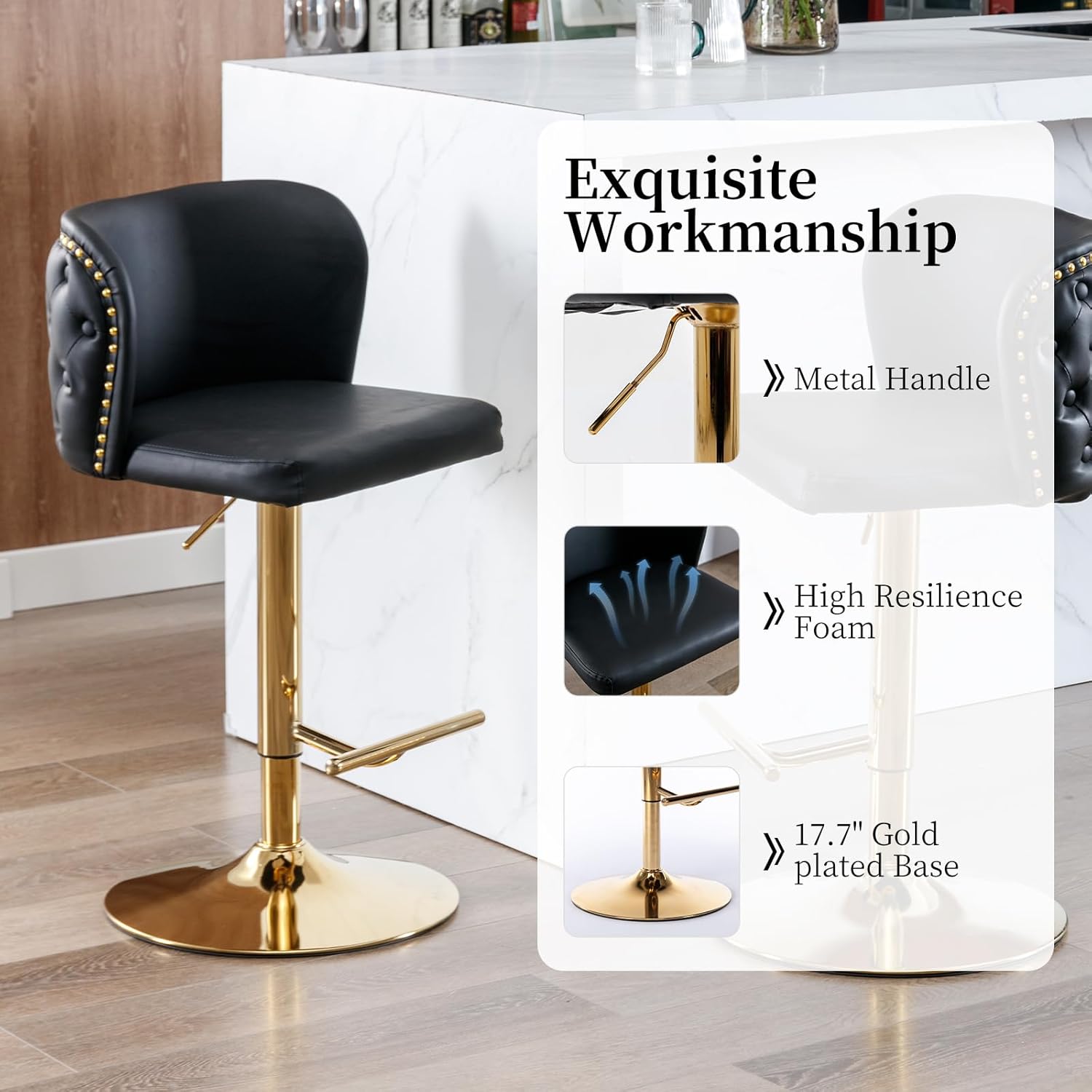Bar Stools Set of 2, Swivel Counter Height Bar Stools with Tufted Back, Adjustable Kitchen Island Chairs, Upholstered PU Leather Bar Chairs with Gold-Plating Base for Kitchen Island, Black