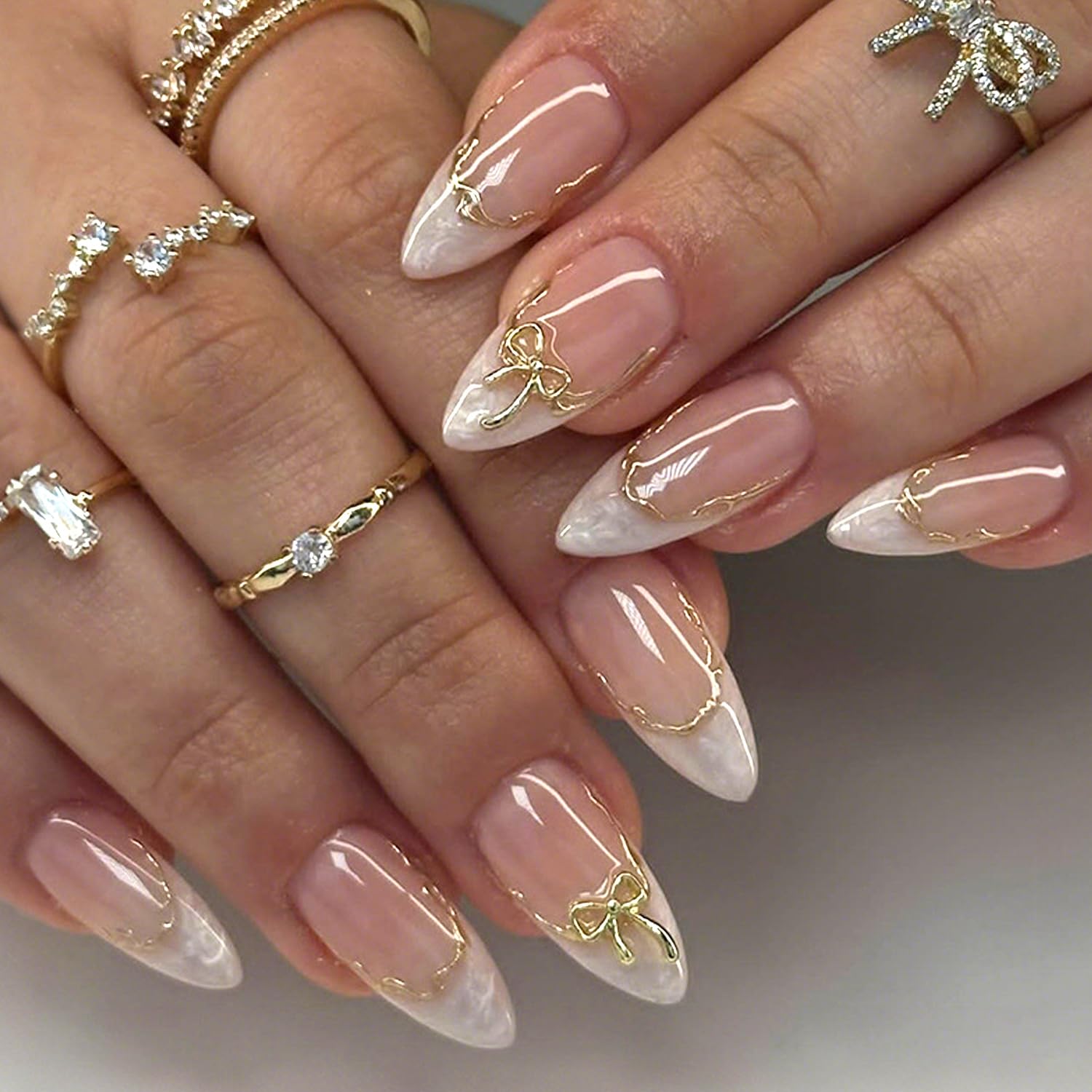 French Tip Press on Nails Almond Medium Artificial Acrylic Fingernails Gold 3D Bow with Golden Stripes Design Glossy Stick on Nails Full Cover