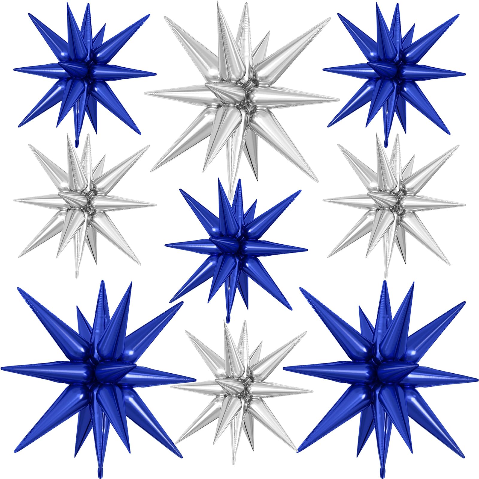 9Pcs Blue Silver Star Balloons, Large Navy Blue and Silver Explosion Foil Balloons, Metallic Mylar Spike Balloon for Birthday Anniversary Graduation Retirement Decorations, 3 Pcs 27Inch & 6 Pcs 22Inch โ image 1
