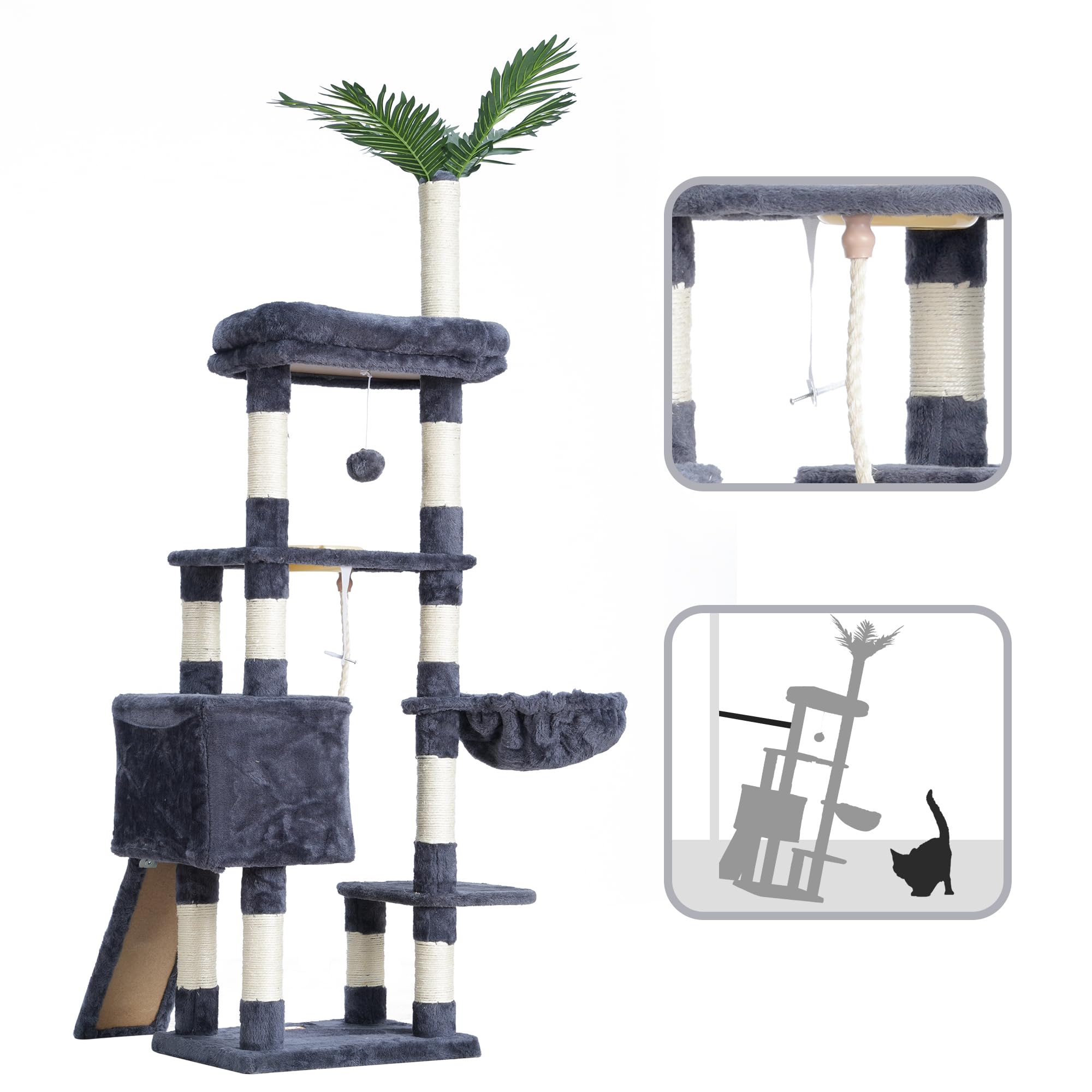 Heybly Kratzbaum Für Katzen – Mehrstöckiger Kletterturm Mit Kratzbrett, Schlafkorb & Futternapf, Hellgrau