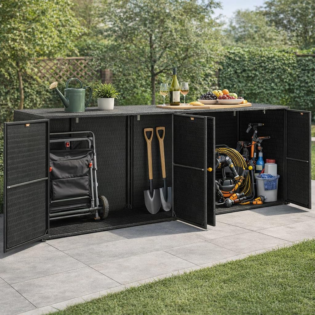 ACAGALA Gartenschrank Poly Rattan, Balkonschrank 4 Türen, Haushaltsschrank Aufbewahrungsschrank Beistellschrank Schrank, 198x55,5x80 cm, Schwarz