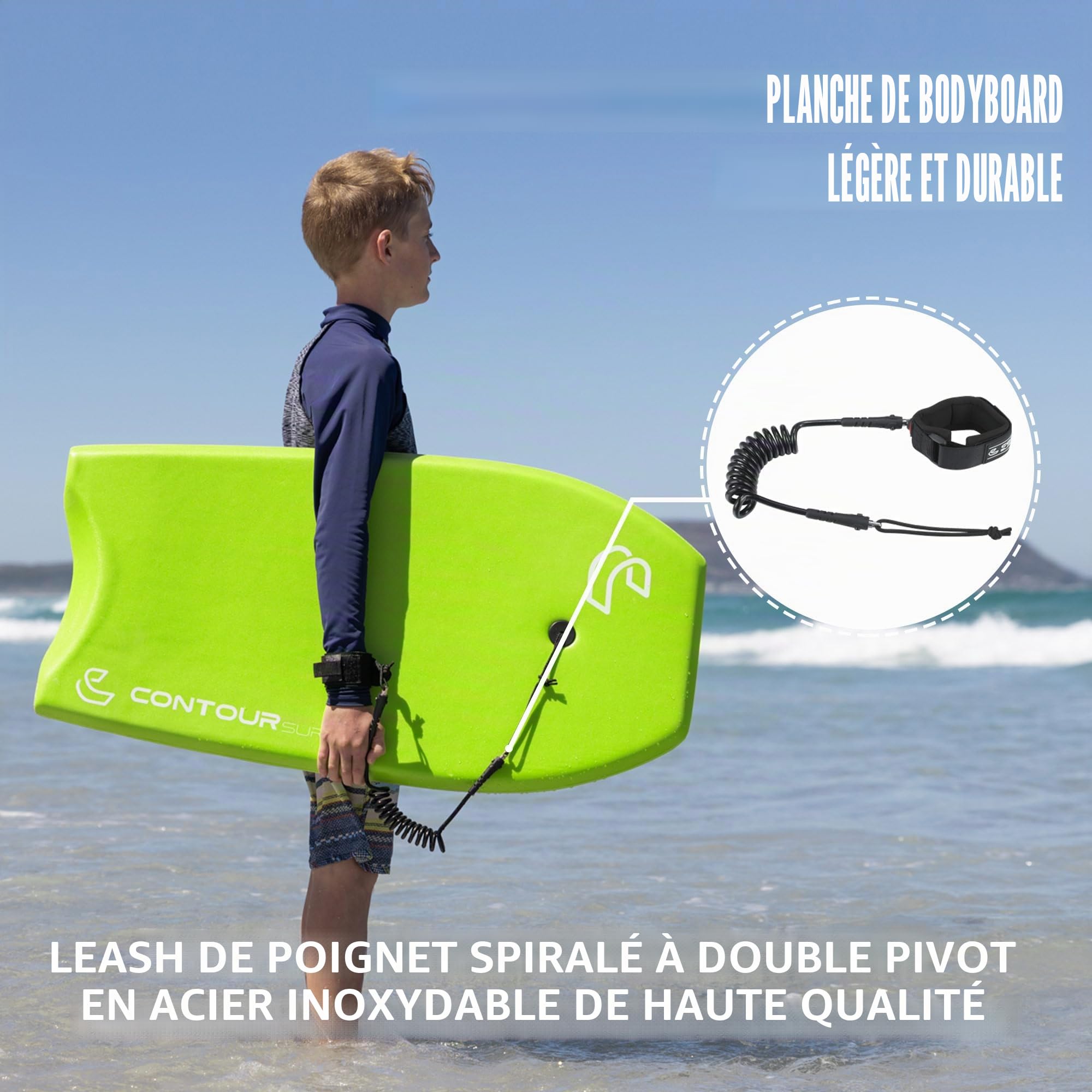 Planche de Corps légère et Durable avec Noyau en EPS Double Canal pivotant et Laisse enroulée idéale pour Les Stations balnéaires d'été et la Plage avec Blason de 94 cm