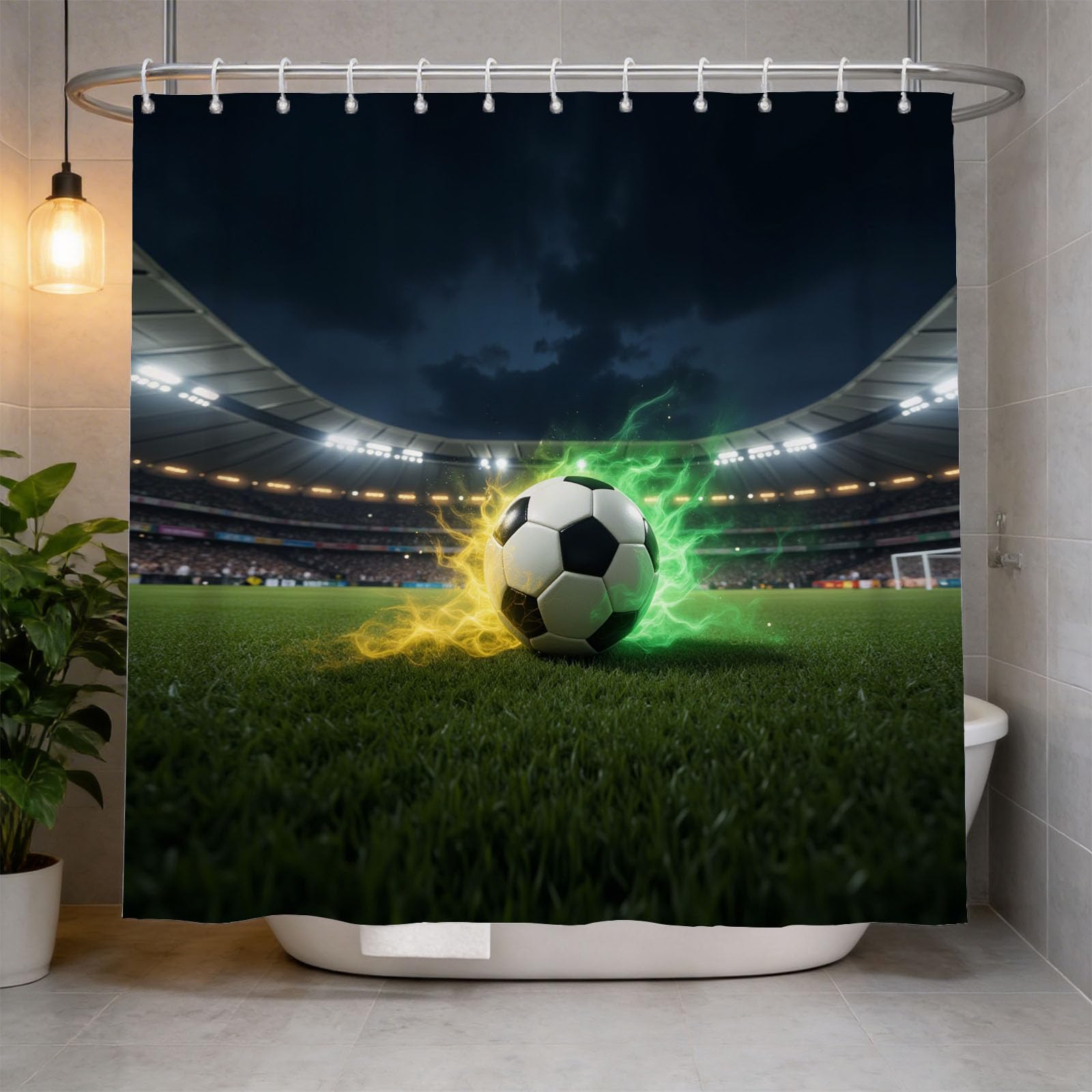 Hongduo 3D Soccer Shower Curtain for Stalls Bathtubs Stadium Bathroom Decor Shower Curtain Set Polyester Fabric Waterproof 200x200cm/79X79 Inch with Hooks