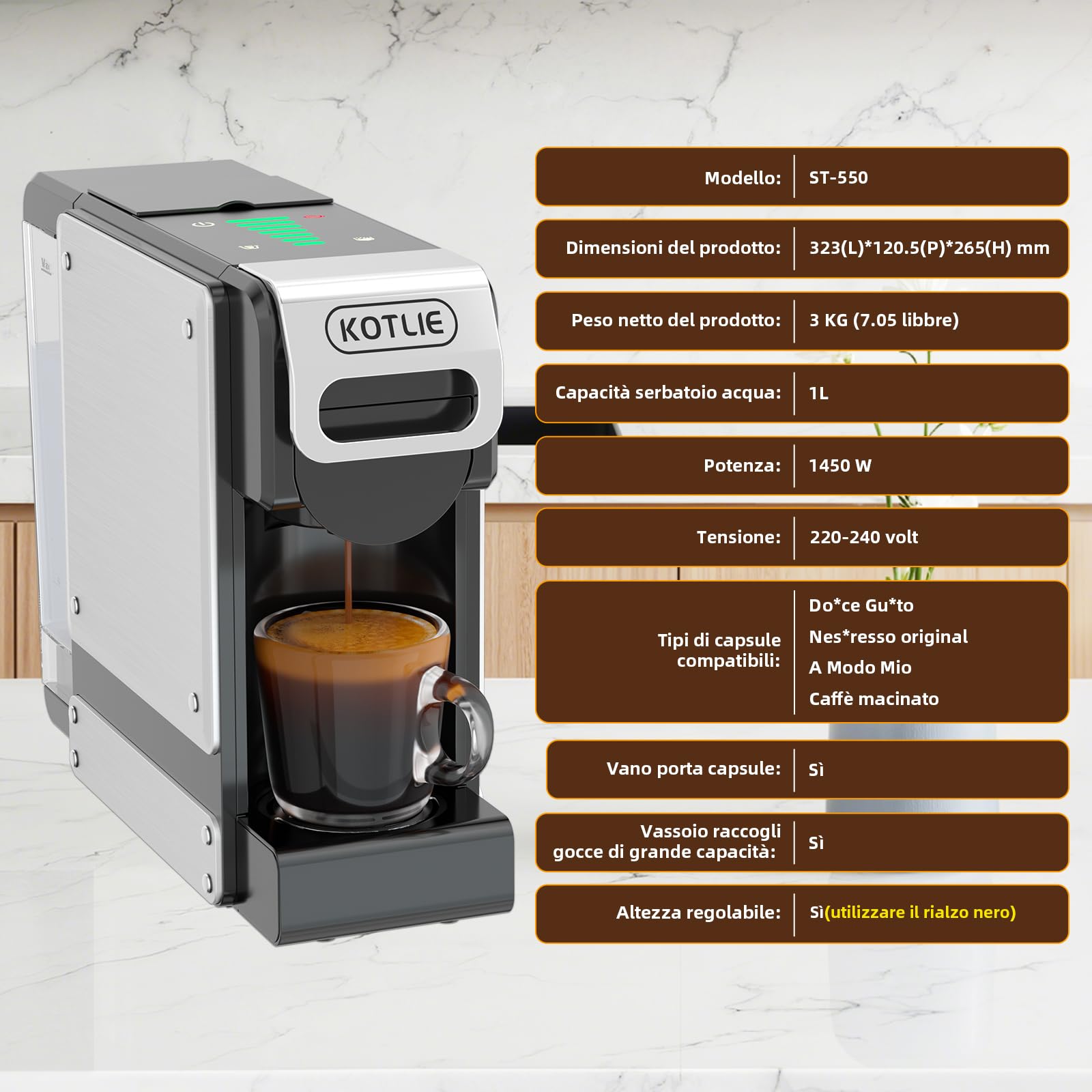 Macchina da caffè a capsule ST-550, Macchina da caffè 4 in 1,per Nespresso Original/per Dolce Gusto/per A Modo Mio e caffè macinato, con serbatoio dell'acqua da 1 litro | 4 in 1 per capsule e polveri NES Original/DG*/Mio*, 7 quantità di acqua, serbatoio d