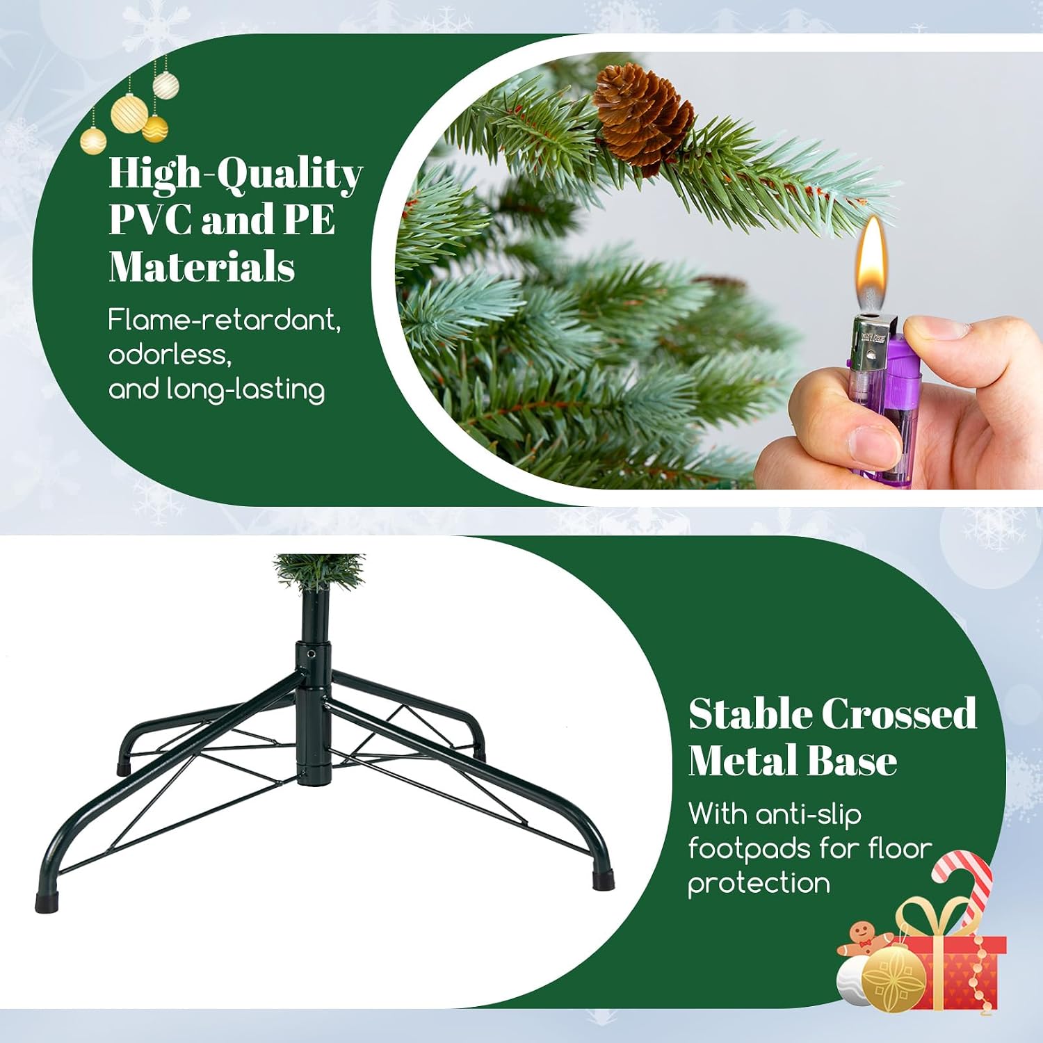 DORTALA 6 FT Pre-Lit Christmas Tree Green, Hinged Artificial Pine Xmas Tree with 240 Warm White LED Lights, 8 Lighting Modes, 590 PE & PVC Branch Tips, 53 Pine Cones, for Home Office Party