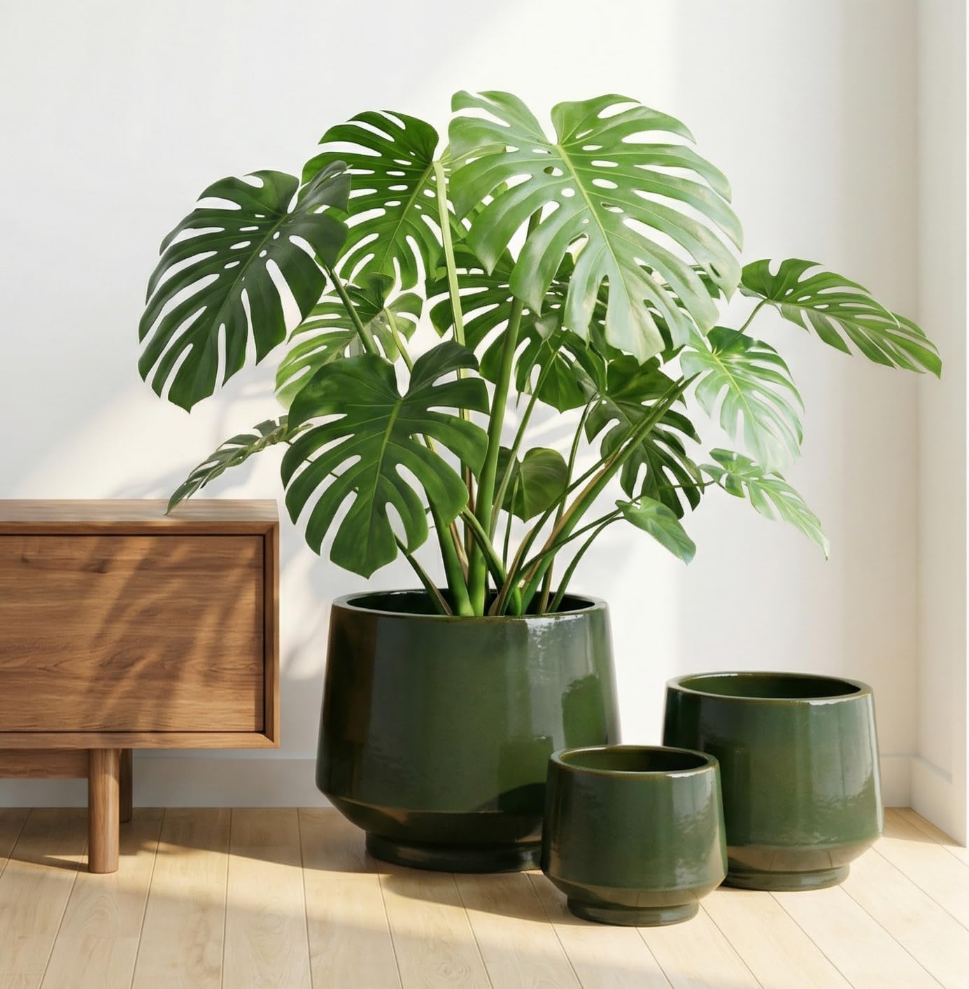 Handmade Solid Glaze Ceramic Planter Set of 3 — 15/11/9 Inch Large Indoor Outdoor Plant Pots with Drainage Hole — Dark Green Flower Pots for Monstera Fiddle Leaf Fig Patio Garden, Dark Green