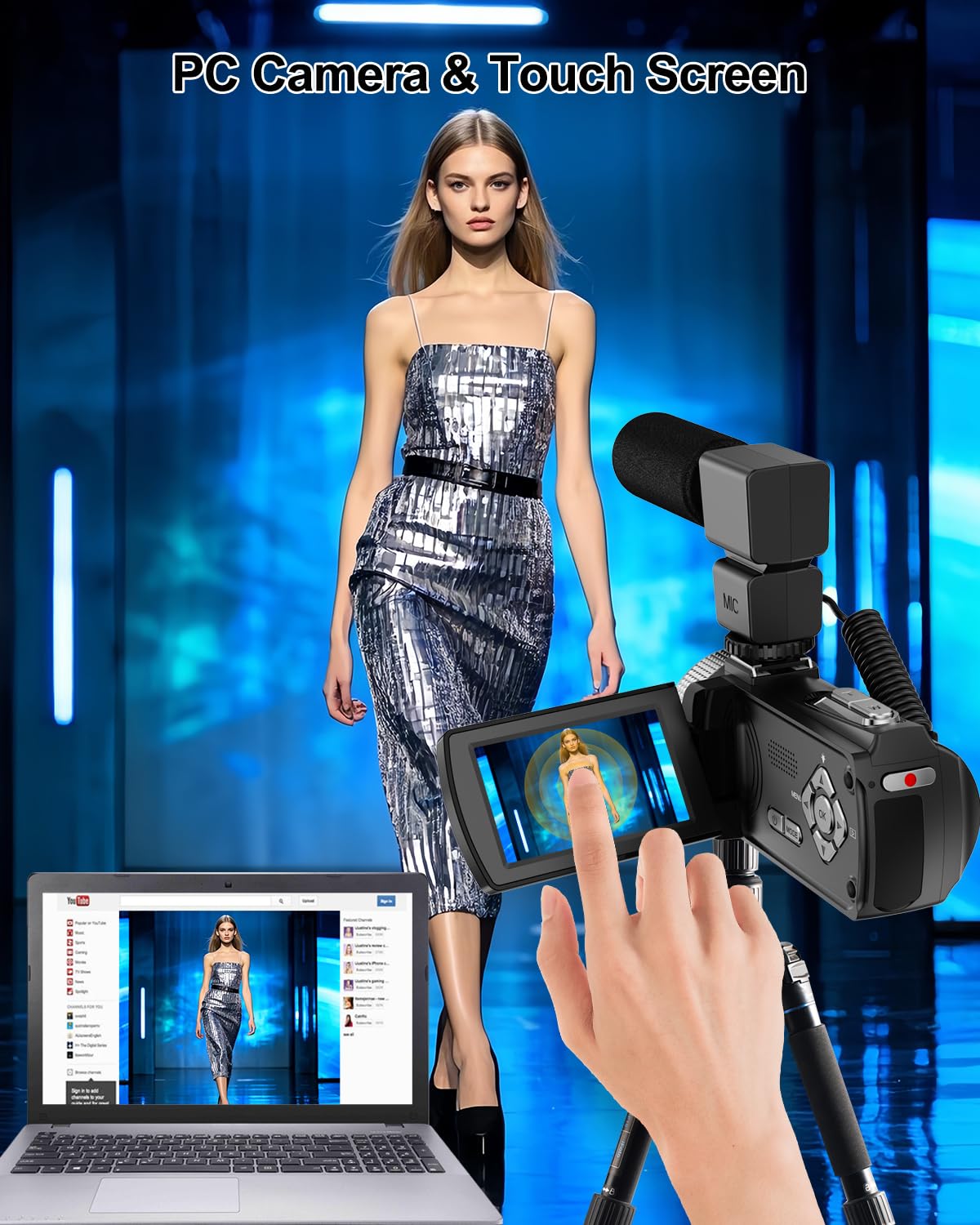 Videocamera con microfono HD 4K Videoregistratore Videocamera Vlogging per YouTube Videocamera per riprese con schermo touch da 3 pollici, zoom digitale 18X e scheda SD 32G