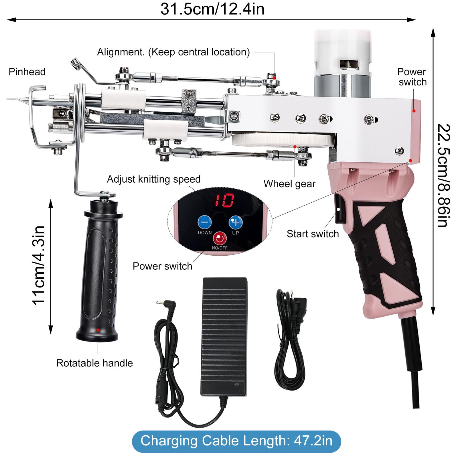 Kit de pistola de mechones con kit de recortadora de alfombras, pistola antideslizante con pantalla de velocidad digital, máquina de copetear con pelo de bucle de corte 2 en 1, fabricante de