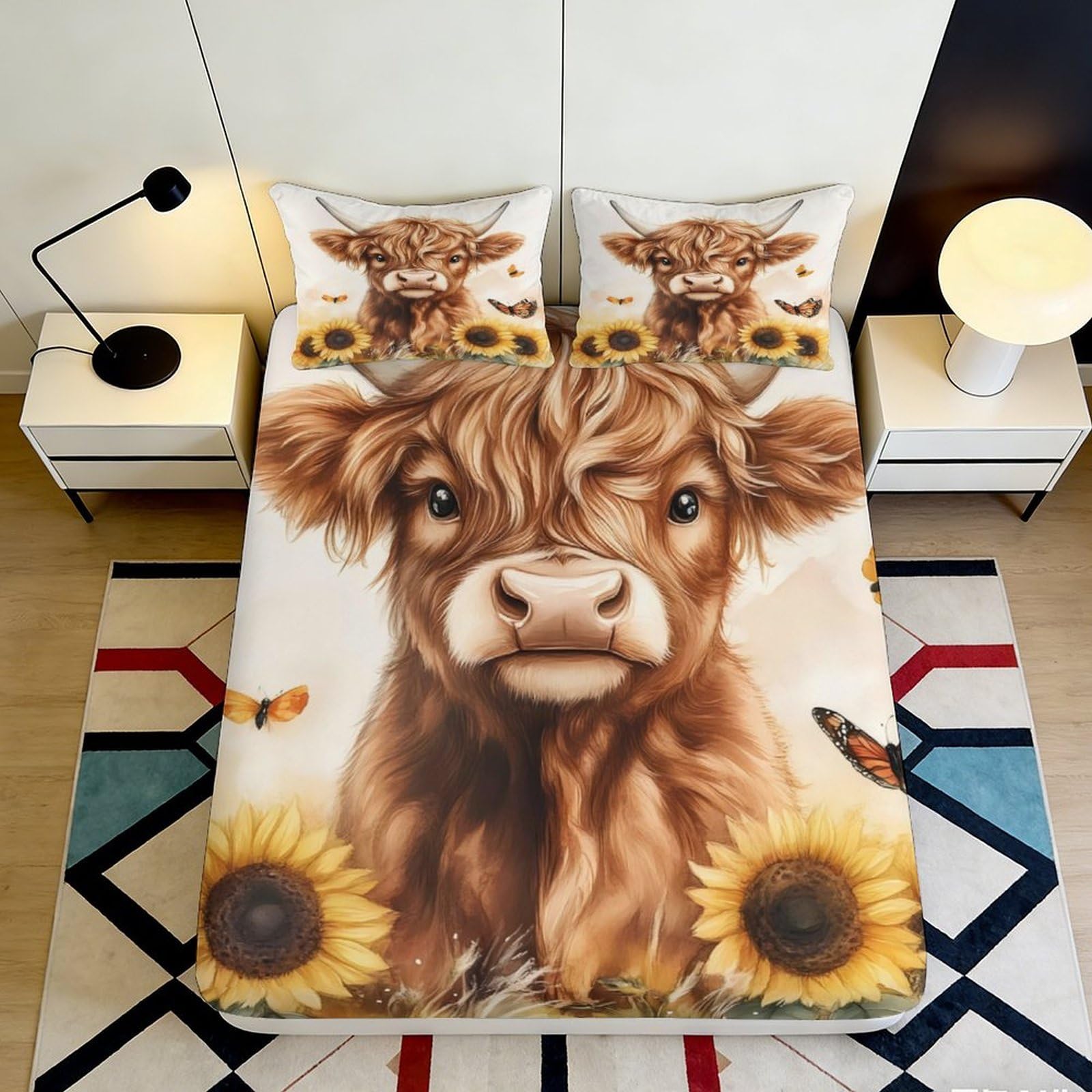 3D Printed Highland Cow Fitted Sheet Microfiber Sunflower Bed Sheet for Bedroom Guest Room Decor Washable 90x200x25cm