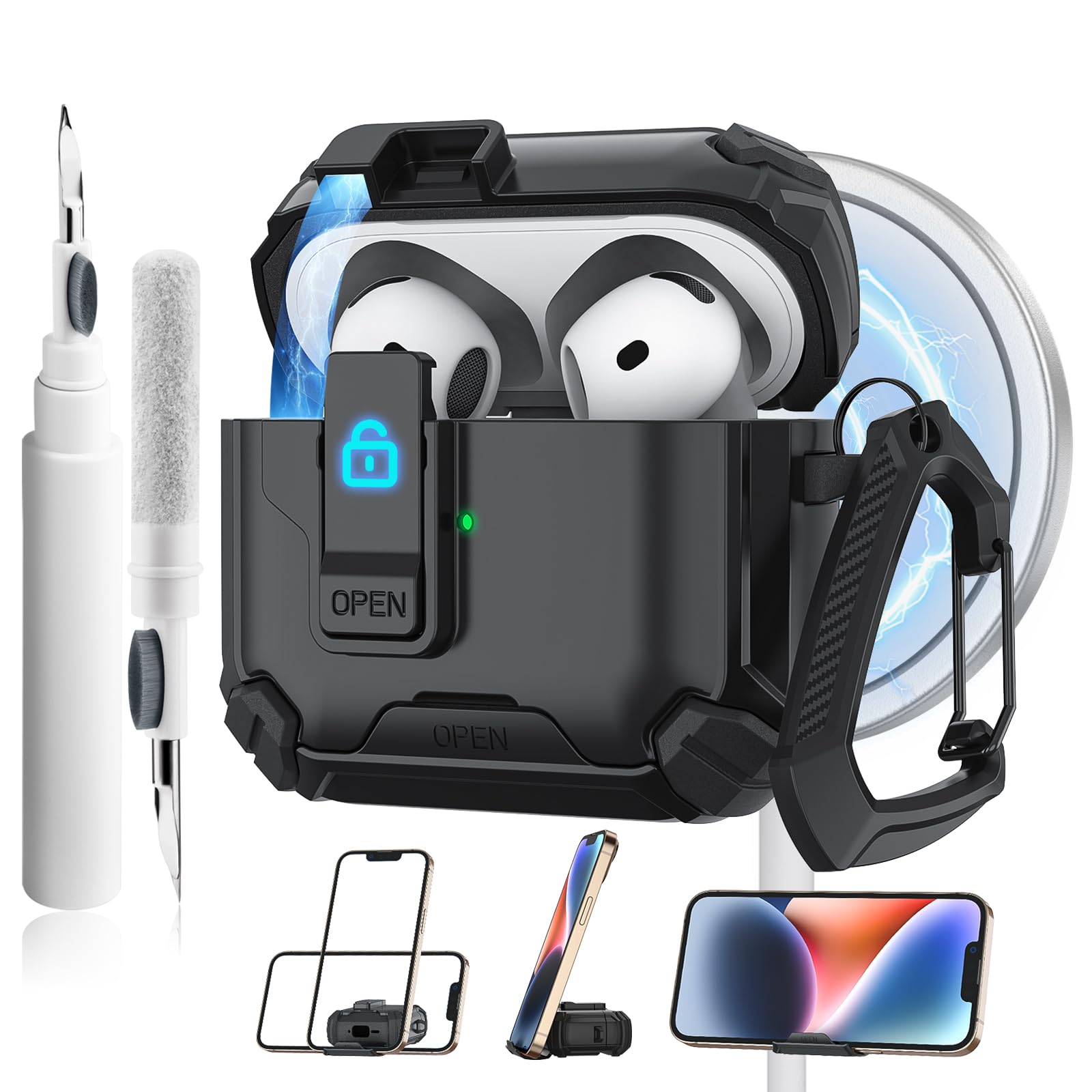 Meliya for AirPods 4th Generation Case with Magnetic Automatic Lock with Phone Stand & Cleaning Kit, Compatible with MagSafe, Rugged Shell Shockproof