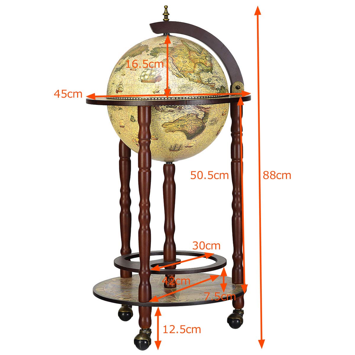 CASART 330MM Globe Drinks with Casters, Movable Whisky Wine