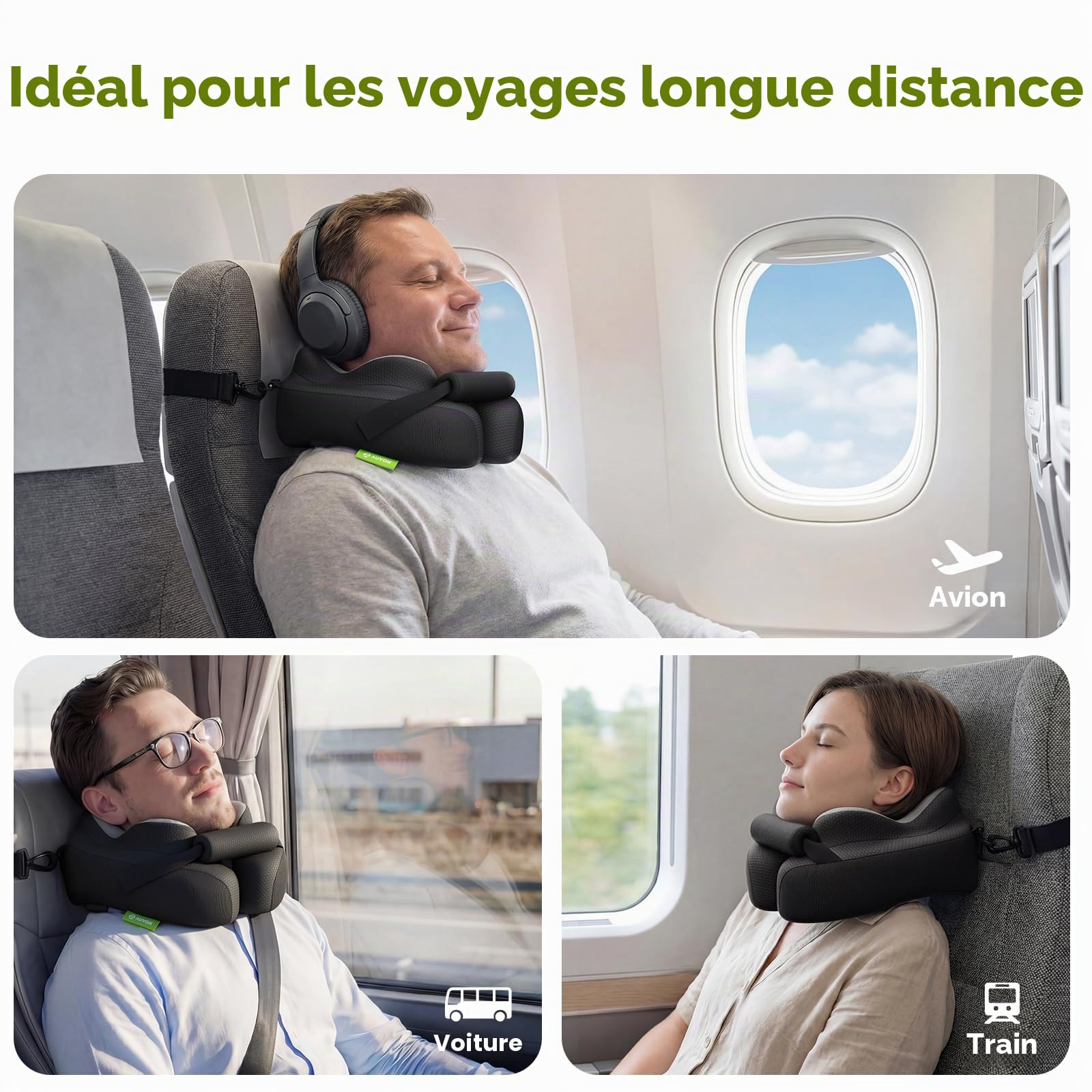 AUVON Coussin de Voyage avec Support Menton pour Confort de Sommeil Optimal | Soutien 360° nuque détente, oreiller voyage mousse mémoire sans pression oreilles, sac de transport, housse aérée et lavable