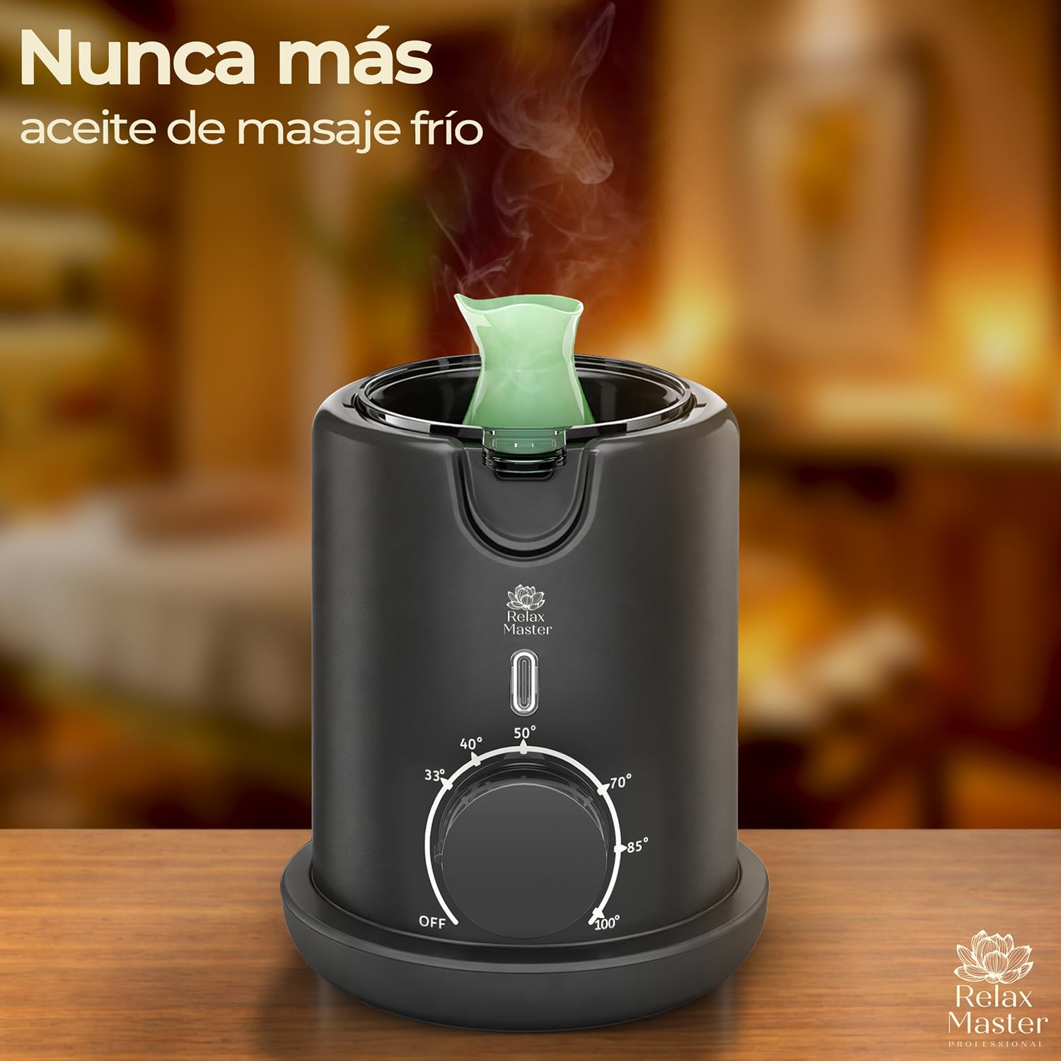 Relax Master Calentador de Aceite de Masaje – Jarra Vertedora de Cerámica – Temperatura Ajustable 33–100 °C – Calentamiento Rápido – Sistema Baño María.