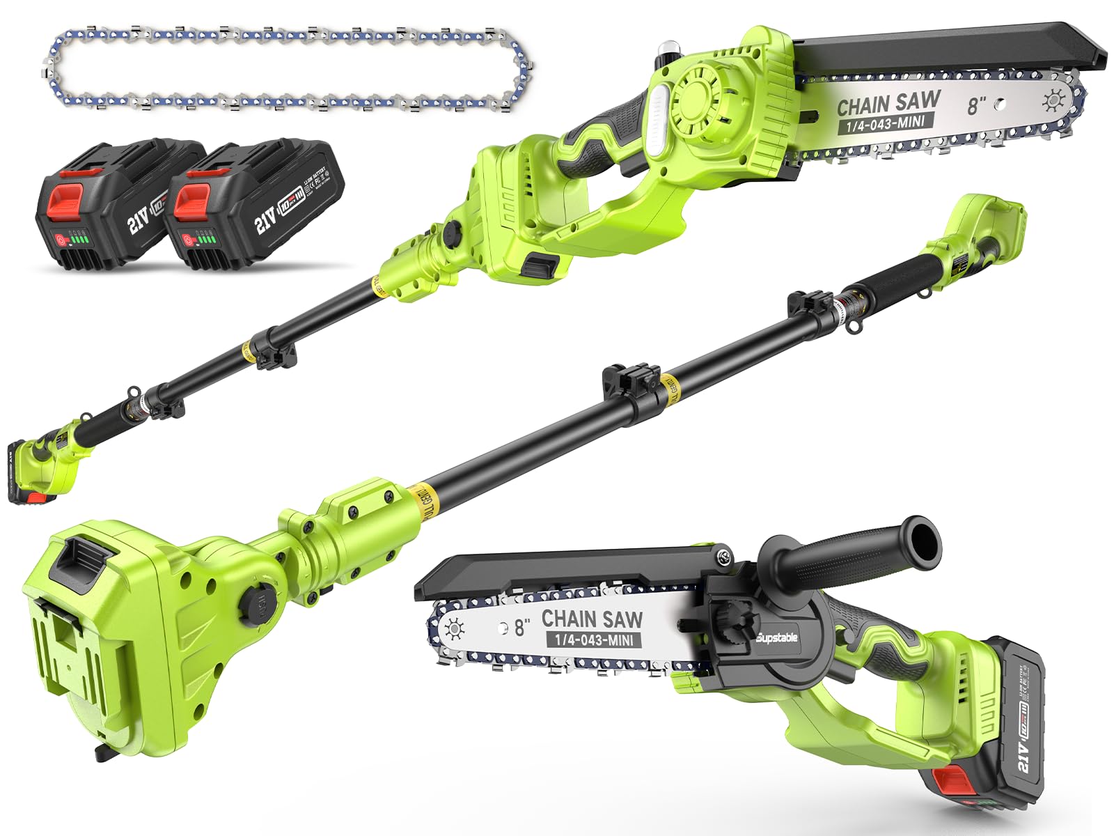 Supstable Motosega a Batteria Telescopica & Mini Motosega 8 Pollici, Dual 4000mAh, Potatura Elettrico con Asta Telescopico 4,8m, Velocità Catena 10m/s, Mini Sega Brushless per il Taglio del Giardini