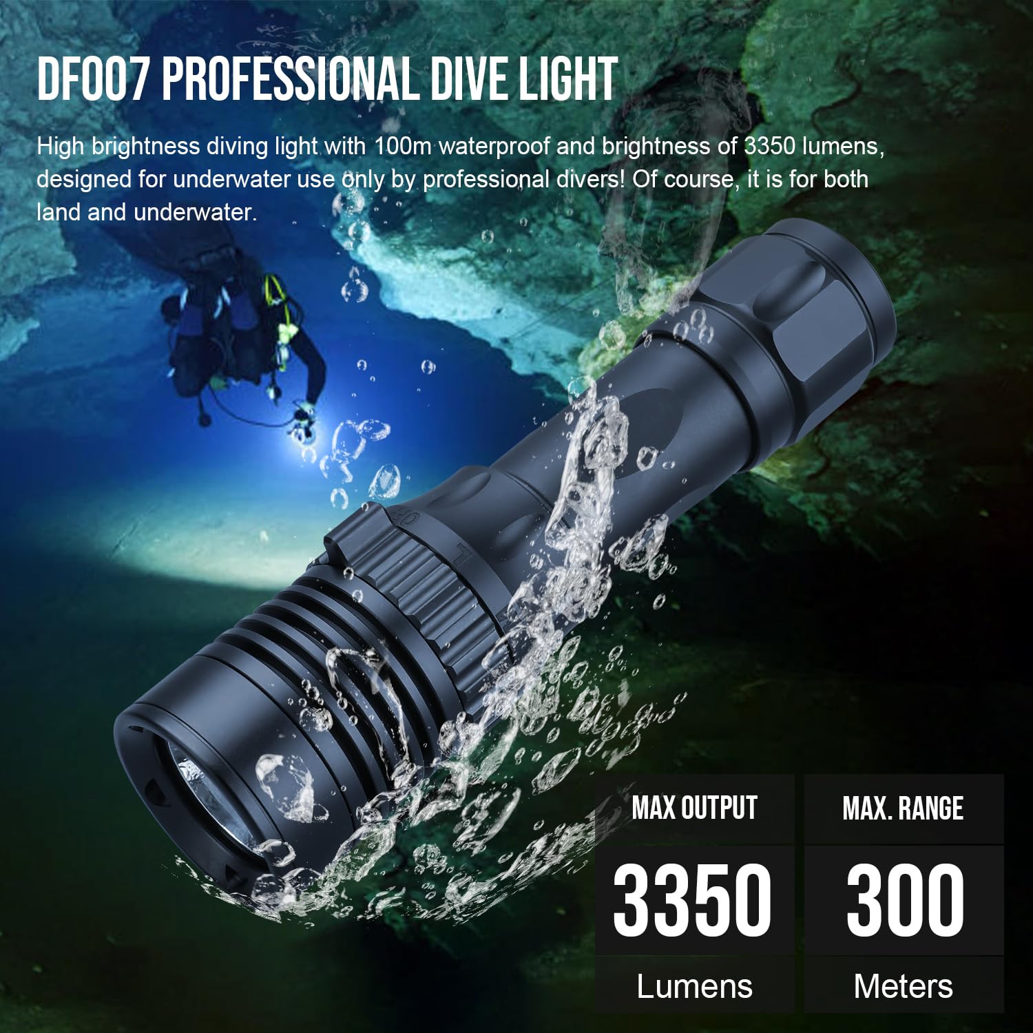 TrustFire DF007 Torcia subacquea,3350Lumens Super Bright Underwater 100m Video Light,IPX8, Scuba Dive Light, Torcia Subacquea Professionale con Interruttore Magnetico