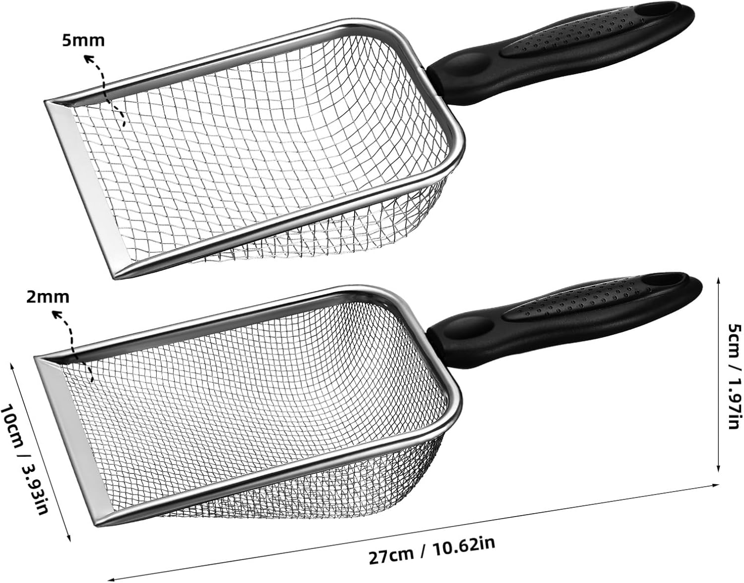 2 Pcs Stainless Steel Cat Litter Scoops, Dual Mesh Sizes 2mm & 5mm, Durable Metal Litter Scooper with Comfortable Handle, Easy Cleaning