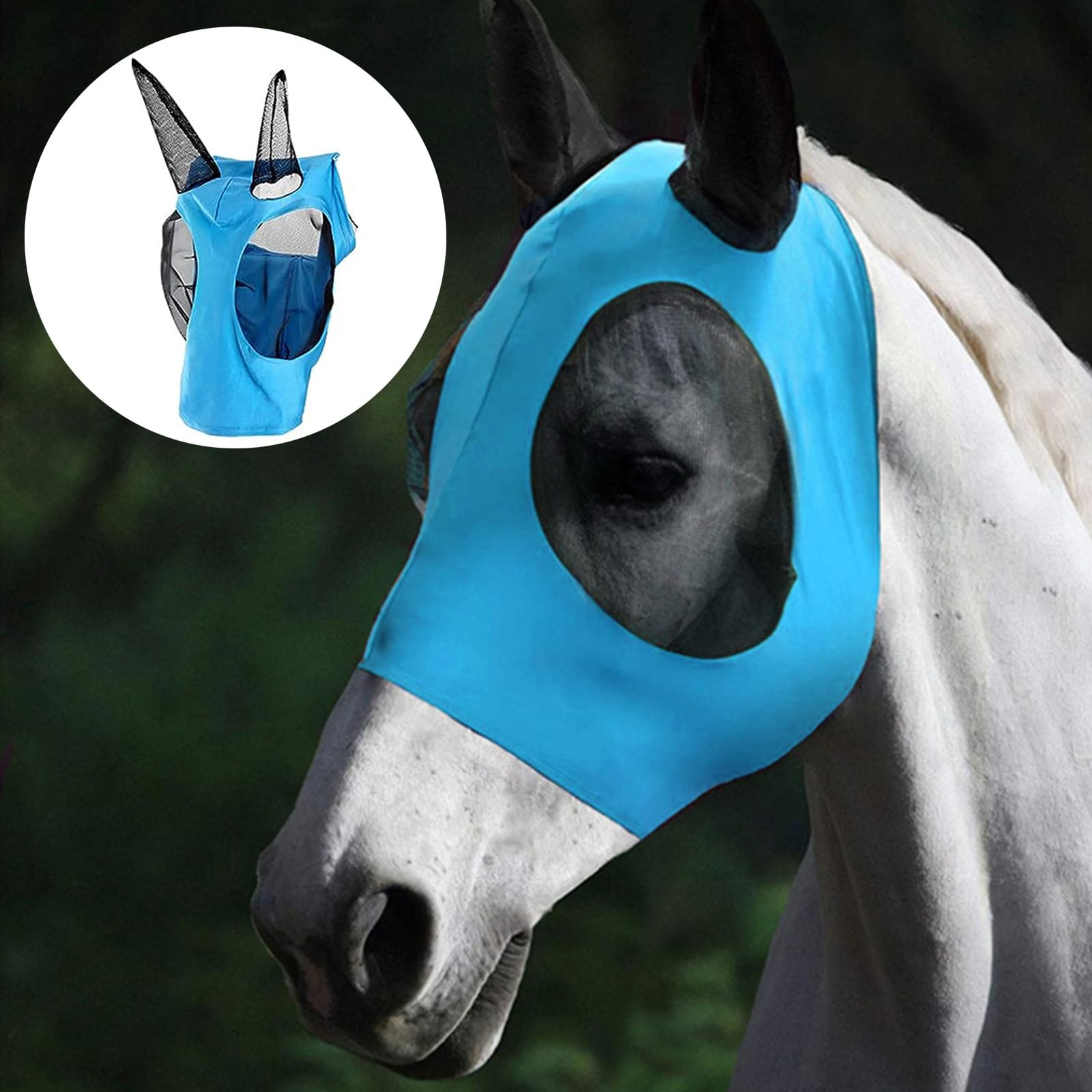 Máscara de Mosca de Caballo, Máscara Antimoscas para Caballo, Máscara de Mosca con Malla Transpirable, Anti-UV, Antimosquitos, Insectos, Máscara de Freno Elástica (Azul)