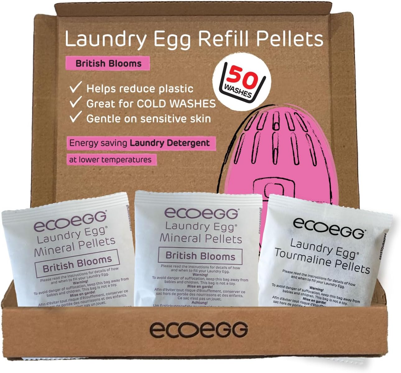 Ecoegg Laundry Egg Refill Pellets | Detergent and Fabric Softener Replacement | Non bio and no enzymes, chlorine bleaches, phosphates, parabens, SLS/SLES or palm oil | 50 Washes | British Bloom