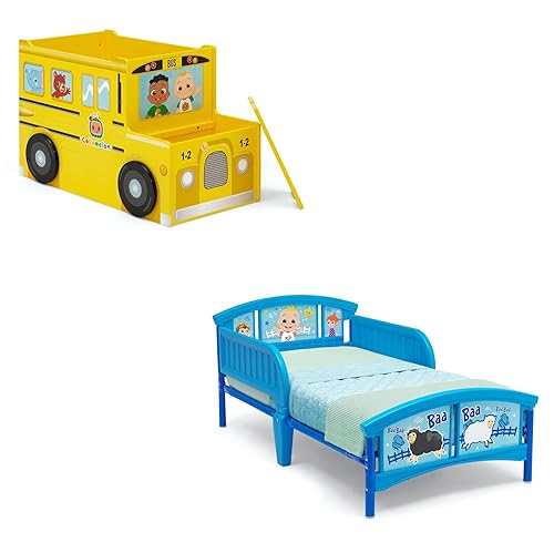 Delta Children CoComelon - Caja de juguetes para autobús escolar + cama de plástico Delta Children CoComelon para niños pequeños (conjunto)