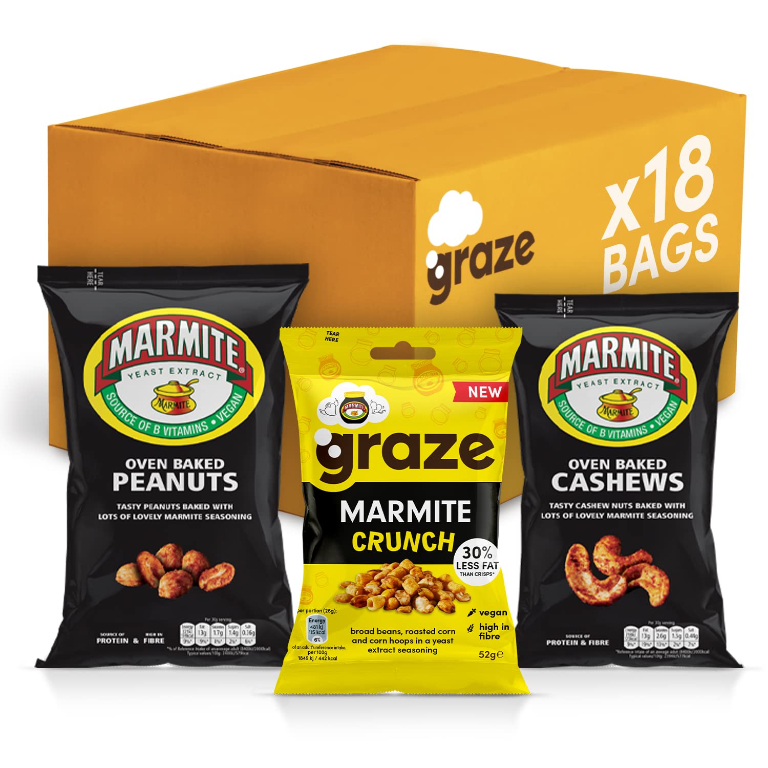 Marmite snacks - Variety box of snacks - Marmite Cashews, Peanuts & Crunchy Snacks - 6 from each - Total 18