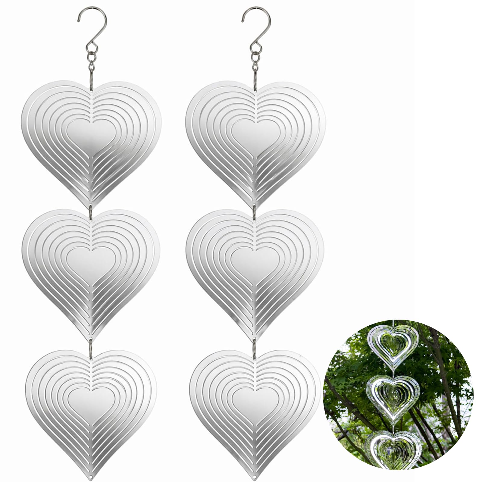 3D Stainless Steel Wind Spinner, Hanging Garden Decorations Outdoor, Metal Heart Wind Chimes for Yard Patio Balcony, Bird Repellent Devices Ornaments