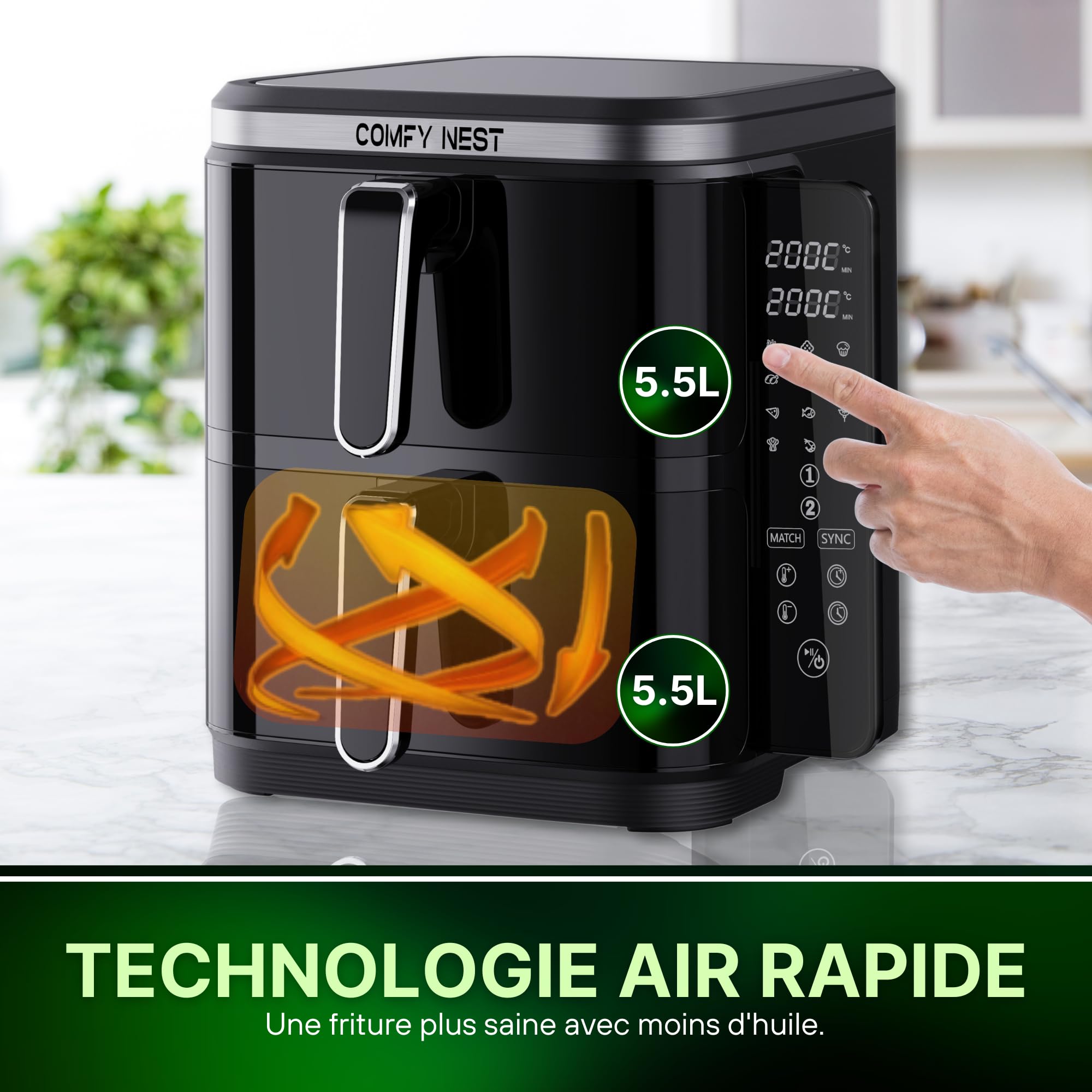 Comfy Nest, Airfryer met dubbele mand van 11 liter, Airfryer, gelijktijdig koken, digitaal touchscreen, Rapid Air-technologie, verbeterde veiligheid, gemakkelijk schoon te maken - 5,5 liter, Zwart