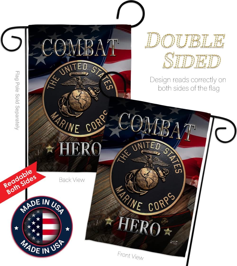 Marine Combat Hero Garden Flag - Set Wall Holder Armed Forces Corps USMC Semper Fi United State American Military Veteran Retire Official - House Banner Small Yard Gift Double-Sided 13 X 18.5