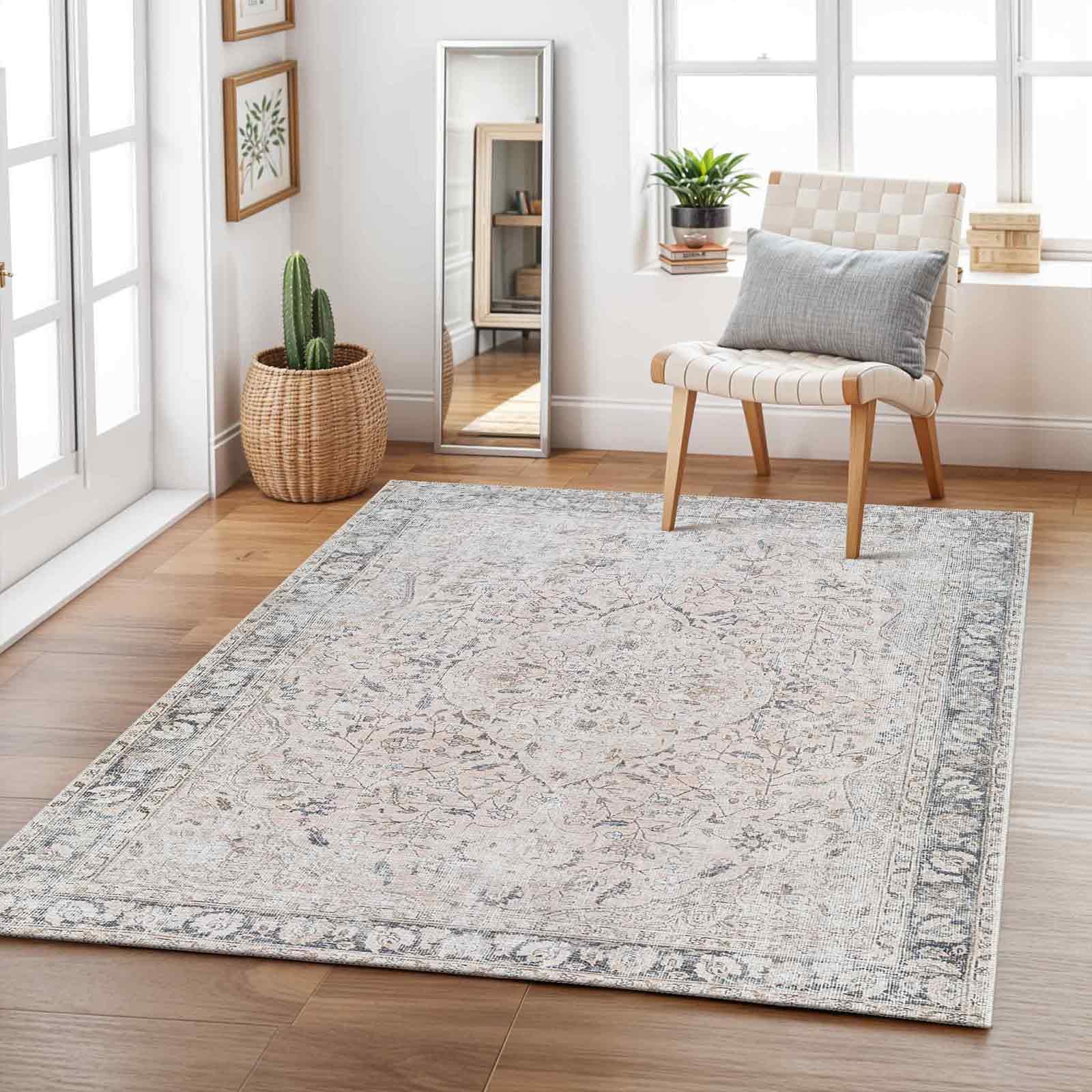 Livabliss Indigo Ghado Machine Washable Floor Covering 160x220 cm – Vintage Boho Style for Living Room, Dining, Kitchen & Hallway, Easy Care, Beige, Coral & Grey