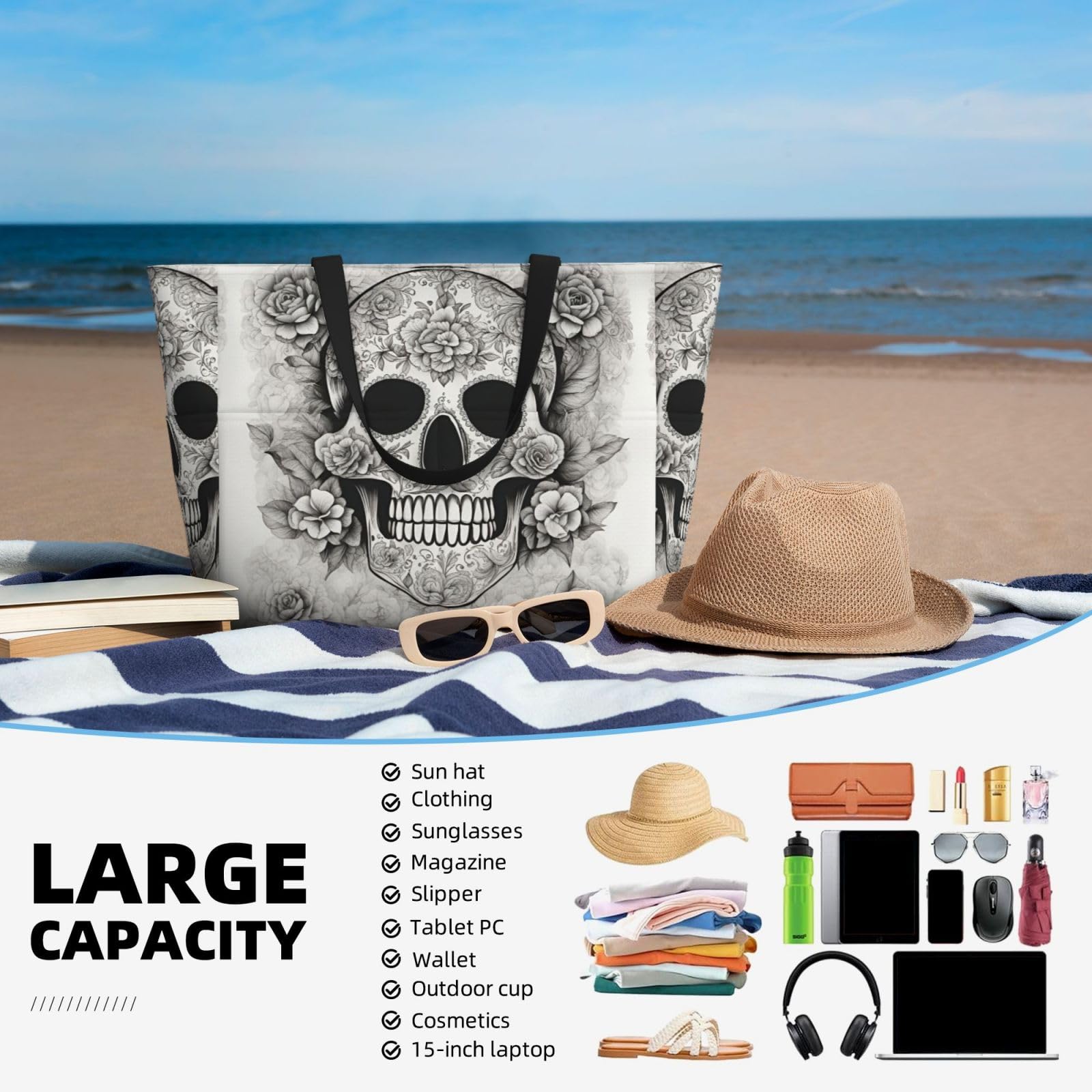 Sac de transport extra large avec tête de mort mexicaine, sac de plage pliable avec sac, sac de week-end, sac de voyage, sac de nuit
