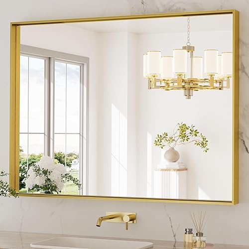 TETOTE Espejo de baño dorado cepillado de 40 x 30 pulgadas, espejo rectangular con marco dorado para tocador de baño, espejo de pared grande y