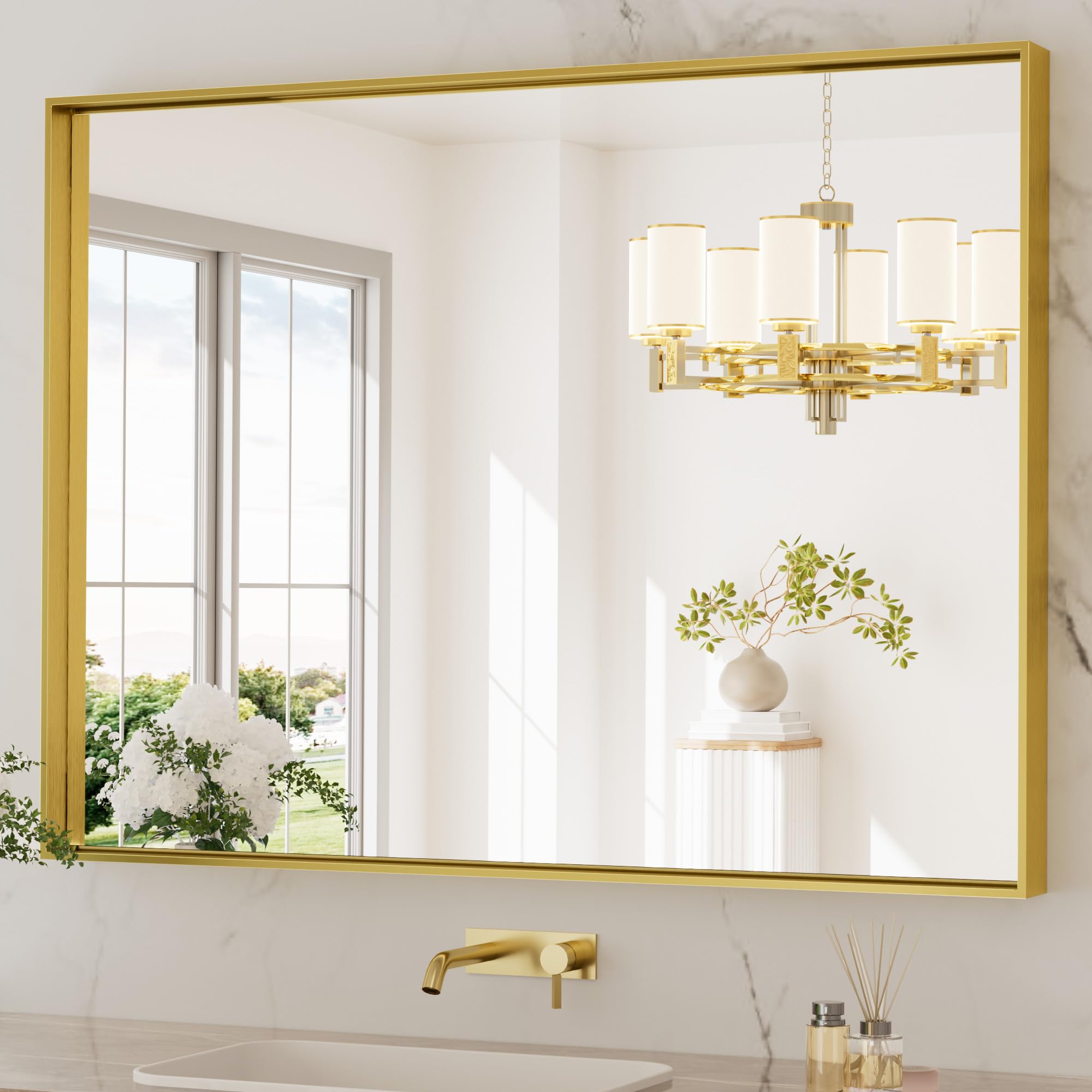 tetote brushed gold bathroom mirror 40 x 30 inch rectangle gold framed bathroom vanity mirror, large modern farmhouse rectangular metal brass frame wall mirror for over sink (horizontal/vertical)