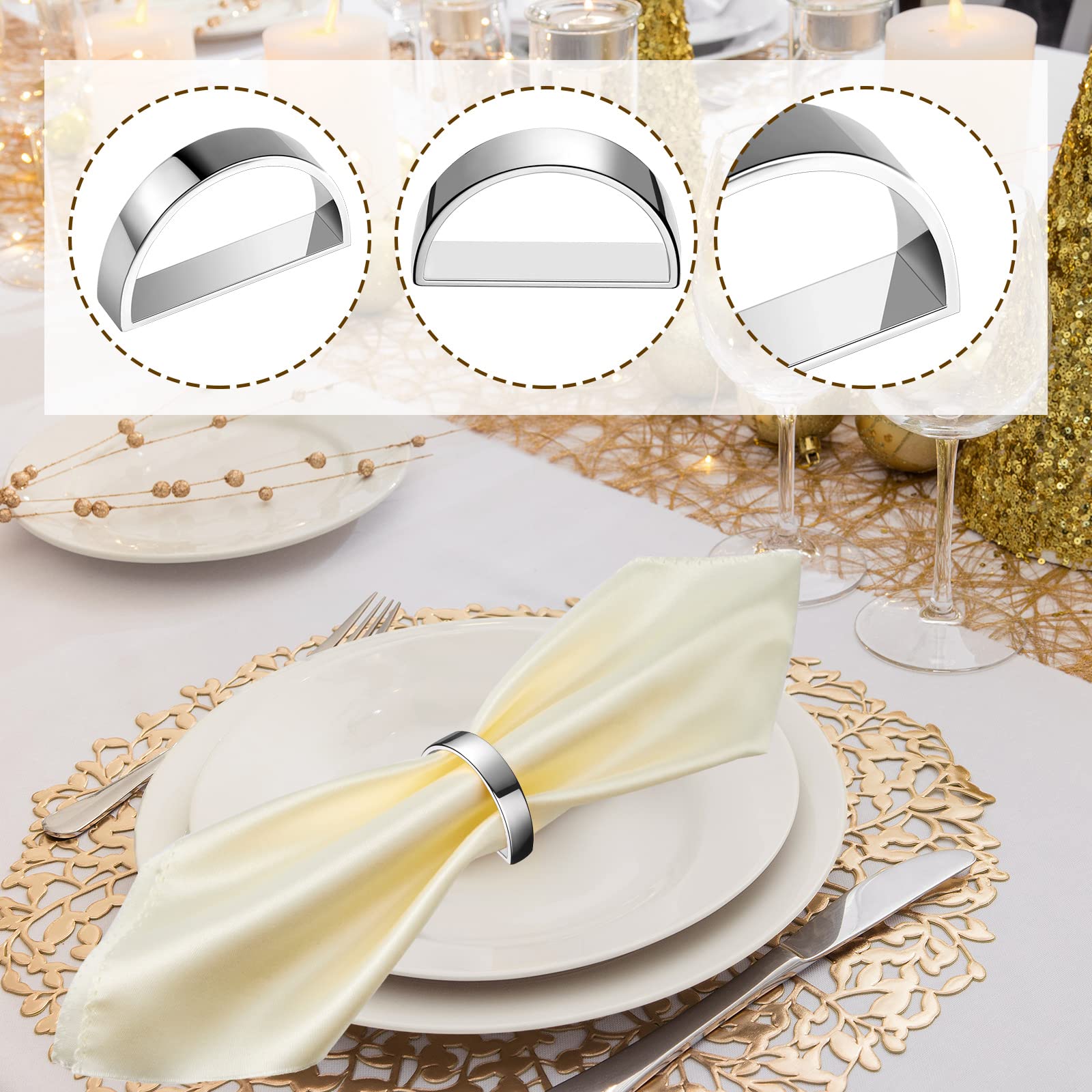 Lot de 20 ronds de serviette modernes en acier inoxydable pour décoration de table, cuisine, dîner, fête, mariage (demi-cercle argenté vif)