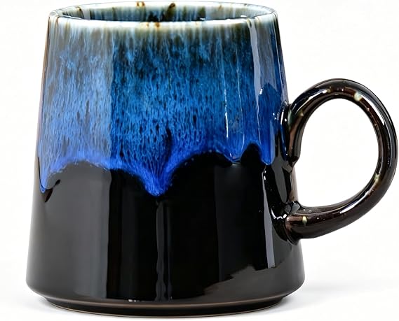 15oz Japanese style Handmade Ceramic Coffee Mug - Unique Pottery tea cup, Lead-free Artisanal stoneware ceramic tea mug, Dishwasher & Microwave Safe Coffee cup for office and home, Blue and Black