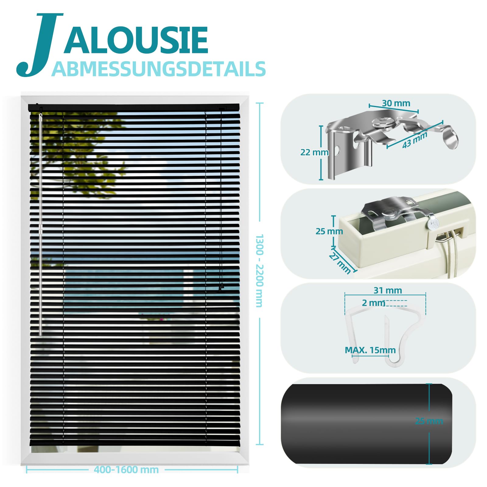 Sekey Klemmfix Store vénitien pour fenêtre Suspendue - Lamelles en Aluminium 25 mm - avec perçage - Matériel de Montage Inclus - Store vénitien en Aluminium sans perçage - 80 x 130 cm - Noir