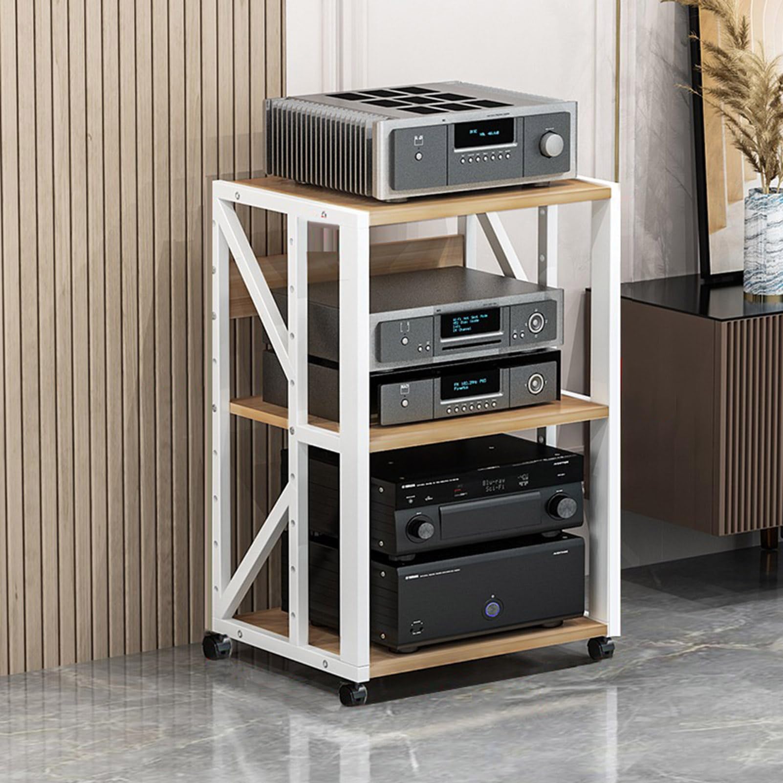 Wytrzymały nowoczesny stojak multimedialny Av - narożna szafka rozrywkowa do telewizora, stojak na komponenty audio, wózek na kółkach, półka stereo do kina domowego i biura DVD i nagrywania, jasny