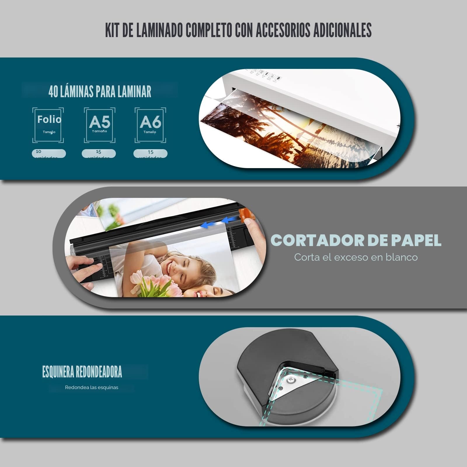 Buyounger Plastificadora A4, Plastificadora en Frío y Caliente con 40 Bolsas, Laminadora para A4 A5 A6 con Cortador de Papel, Redondeador de Esquinas para Uso Doméstico, Escolar y de Oficina